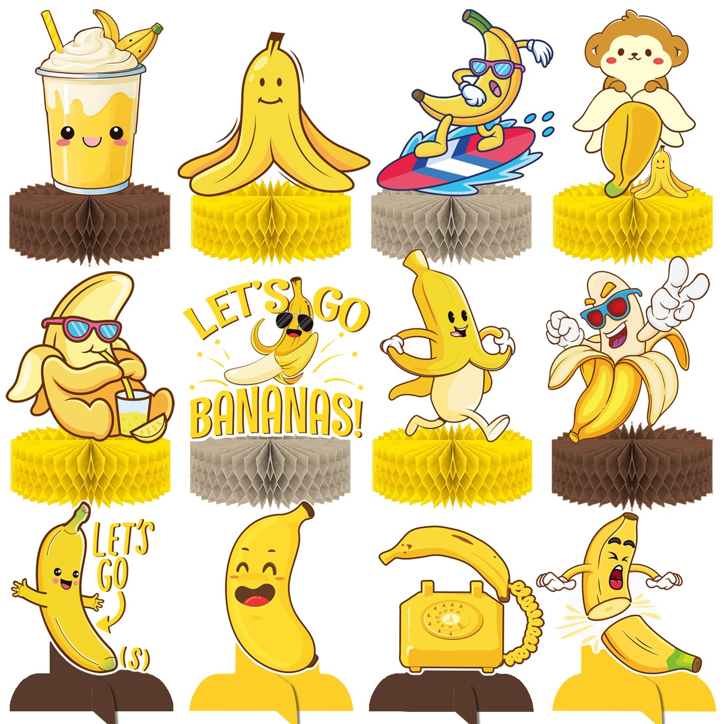 Banana Honeycomb Centerpieces 12PCS Let's Go Banana Party Decorations Fruit Banana Birthday Party Supplies Bananas Table Centerpieces for Let’s Go