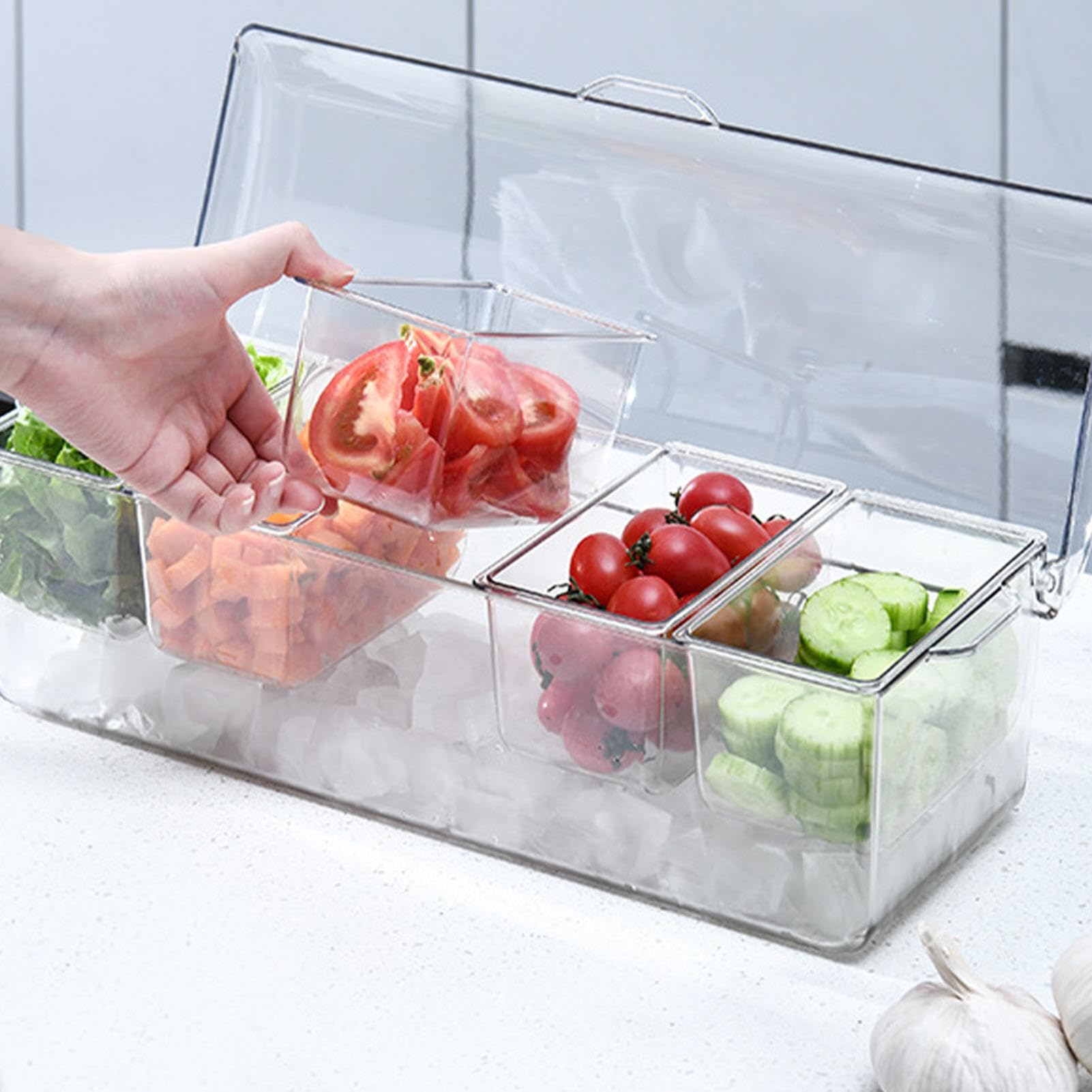 Garniertablett | Glas-Lebensmitteltablett | gekühlte Platte, Gewürz-Servierer, transparent, stilvoll, vielseitig, stabil, gekühlter Gewürz-Servierer mit 5 Fächern für Partys, Catering,