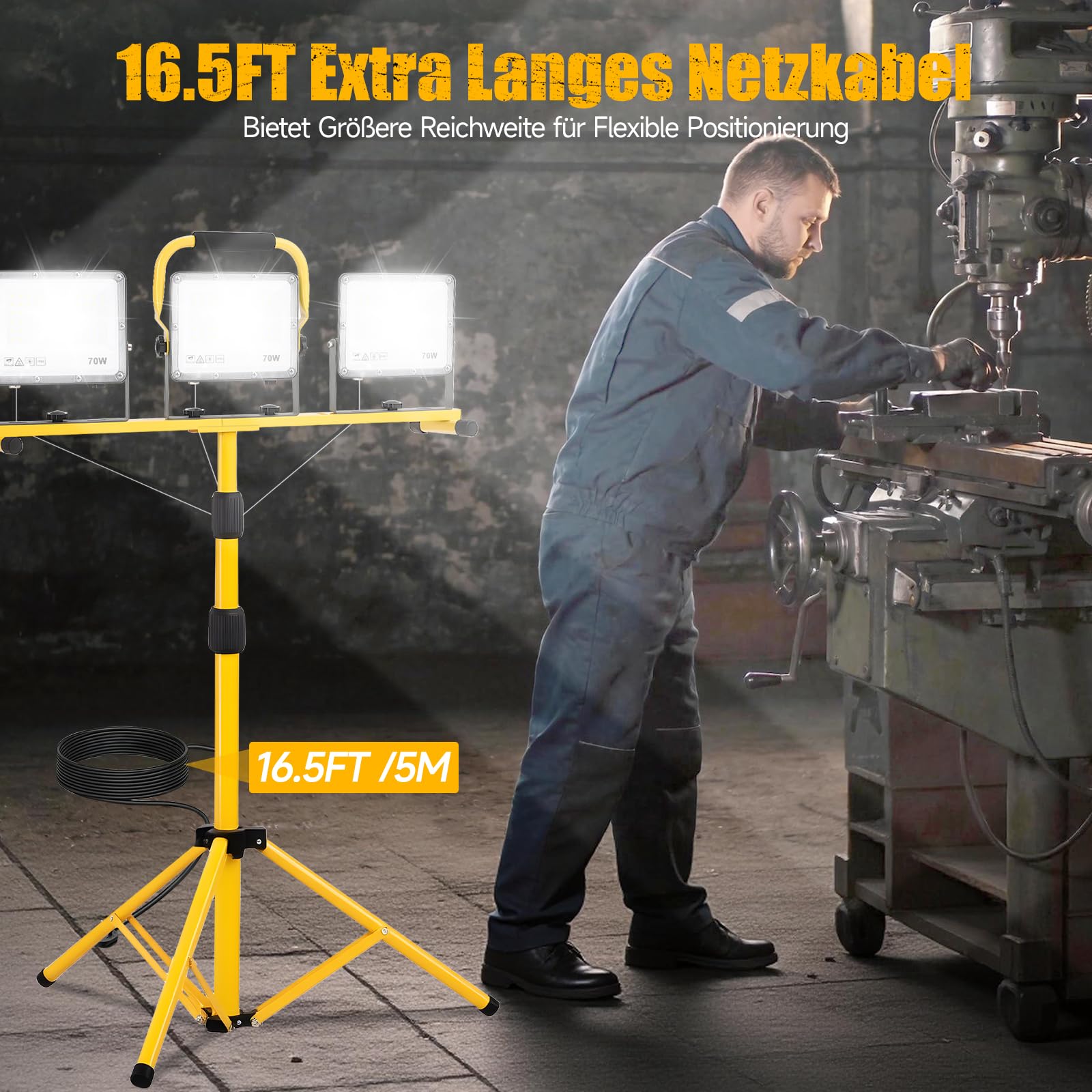 Yofuly Baustrahler LED mit Stativ 3×70W 21000LM, 3 Verstellbare Köpfe Baustellenlampe IP66 Wasserdichte, Baulampe mit 5m Kabel für Garage Werkstatt Baustelle, PC-Linsen | Höhenverstellbar 160cm