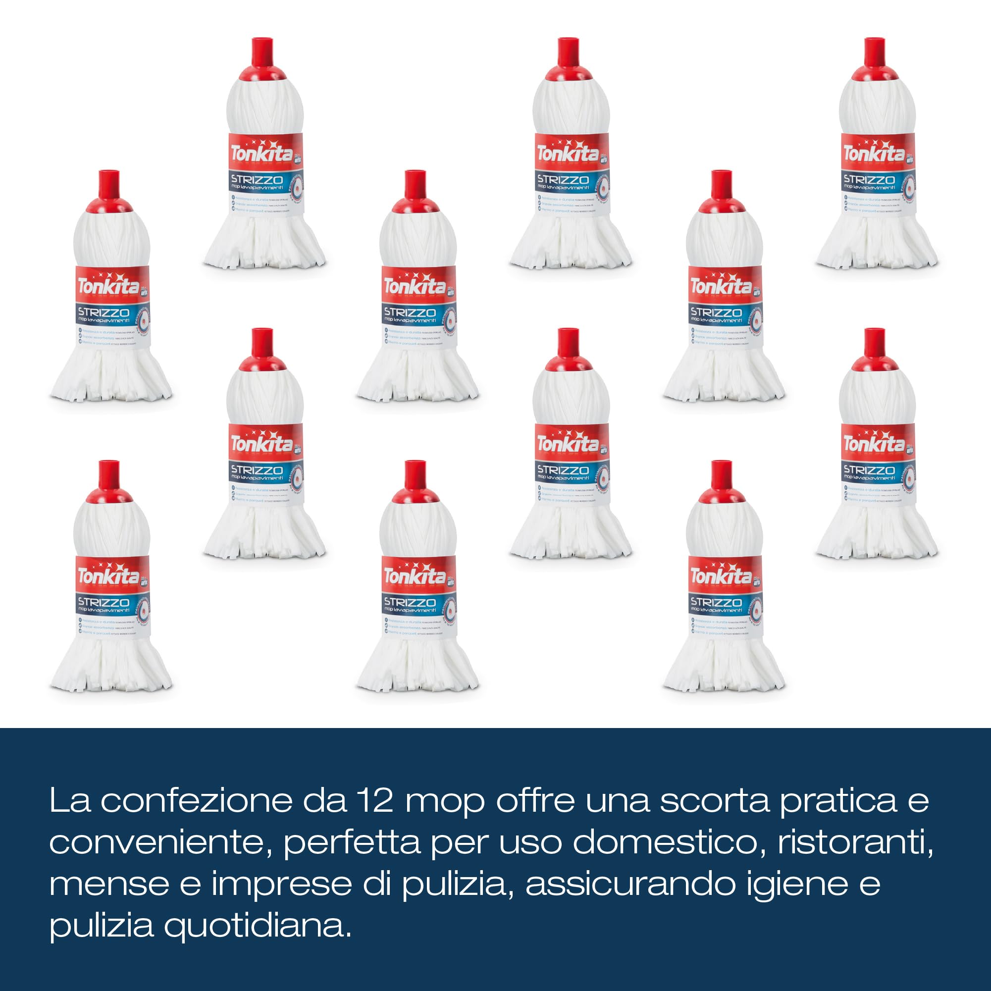 TONKITA | 12 Strizzo Mop Lavapavimenti, Mocio Lavapavimenti Altamente Pulente ed Assorbente Fibre trattate Spunlace, Per Tutti i Tipi di Pavimenti, Ultra Fitto, Ricambio Mop - Confezione da 12 Pezzi
