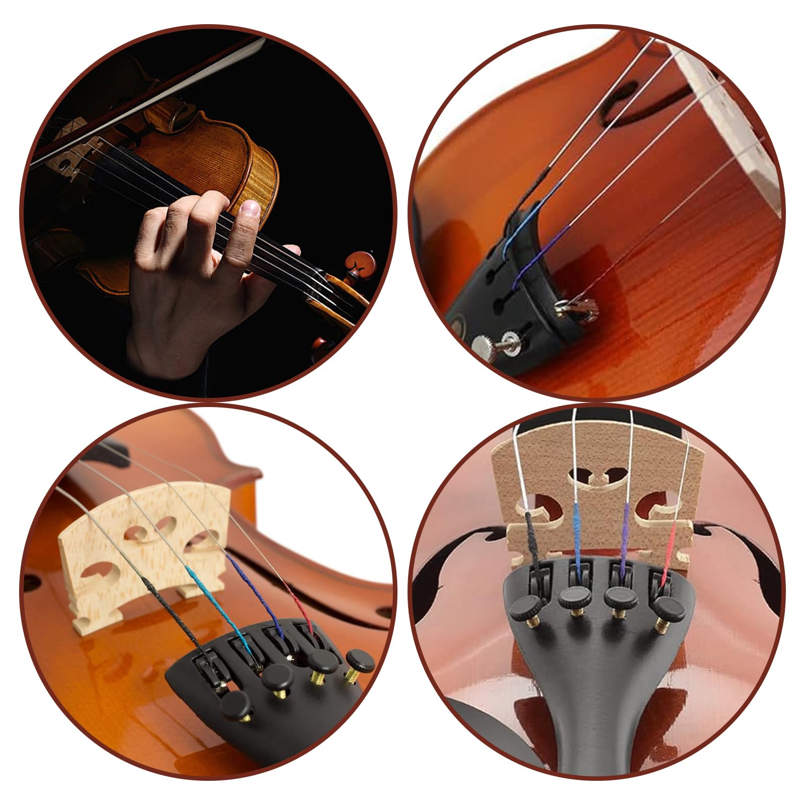 QGK Ensembles Cordes Violo (E-A-D-G) pour Violons 4/4, 3/4, 1/2, Avec Chevalet de Violon, cordes de violon universelles Jeu complet de cordes en acier à âme