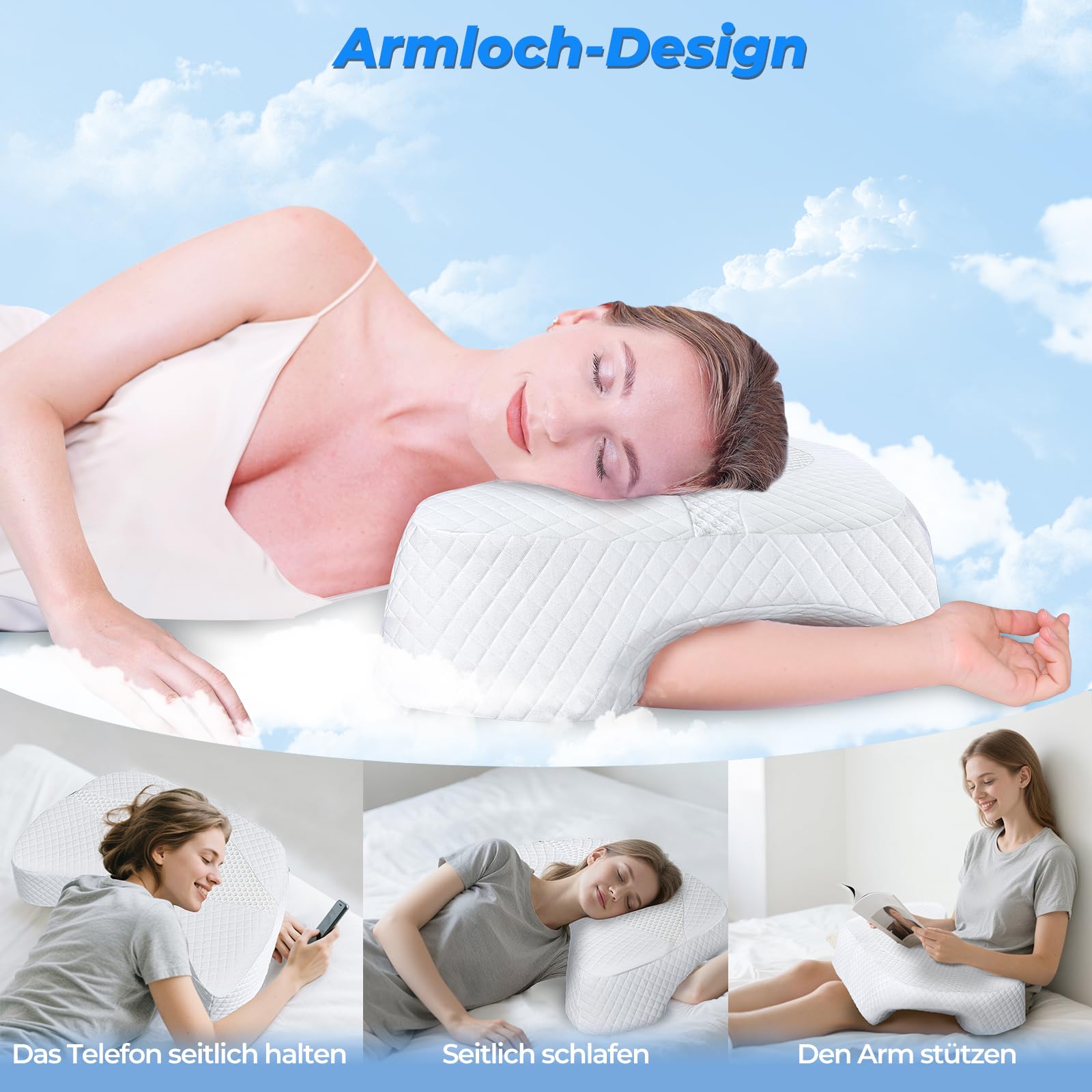 SAHEYER Seitenschläferkissen mit Armloch, Ergonomisches Kopfkissen, Memory Foam Kissen, Multi-Angle Armholes Nackenkissen für die auf der Seite/Rücken/Bauch schlafen