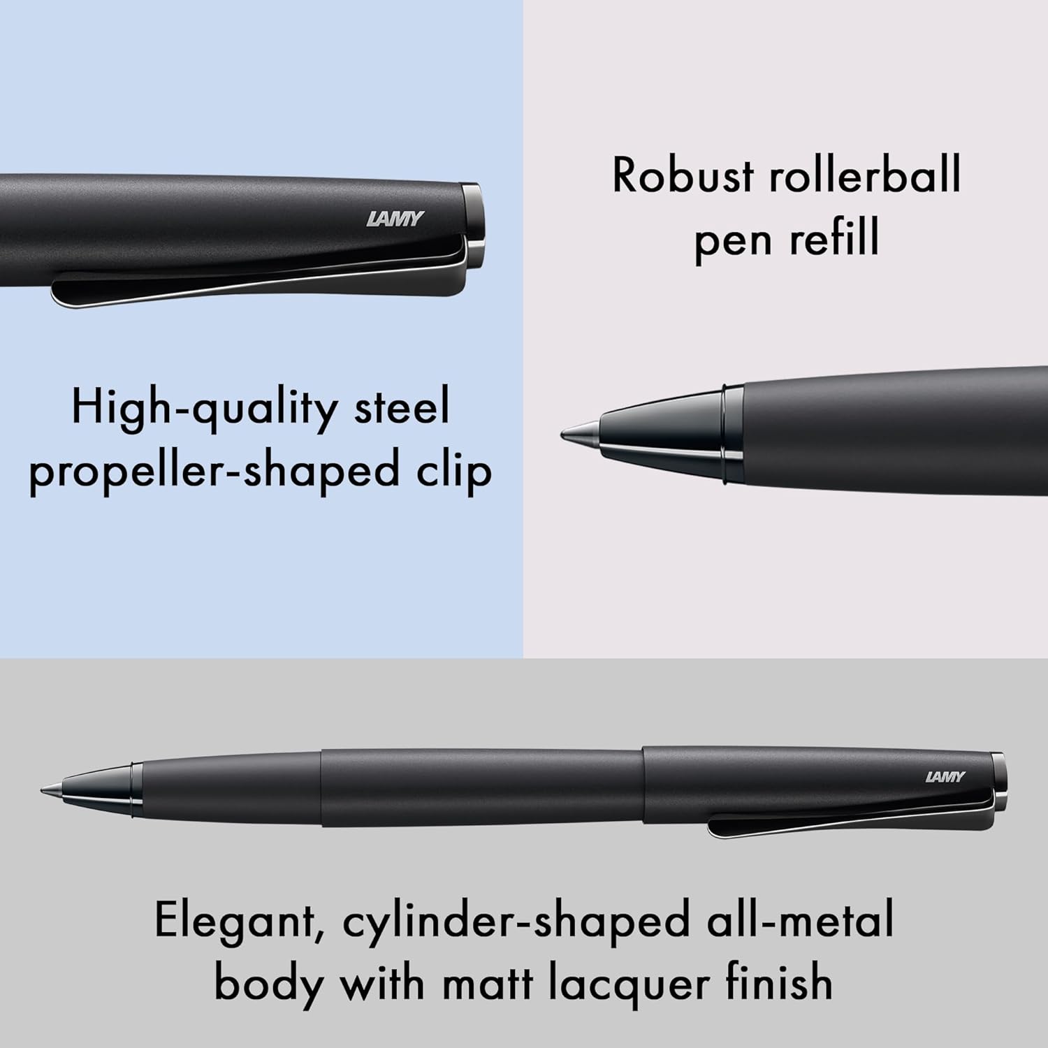 Lamy studio lx-all-black - rollerball pen in elegant metal barrel - with propeller-shaped clip & in line width M M 63 rollerball refill in black