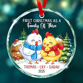 Custom Names Baby First Christmas Glass Ornament 2025, First Christmas as a Family of Three Ornament, Personalized Chick Family of 3 Xmas Ornaments Gifts for New Parents, Chicken Lover Gift