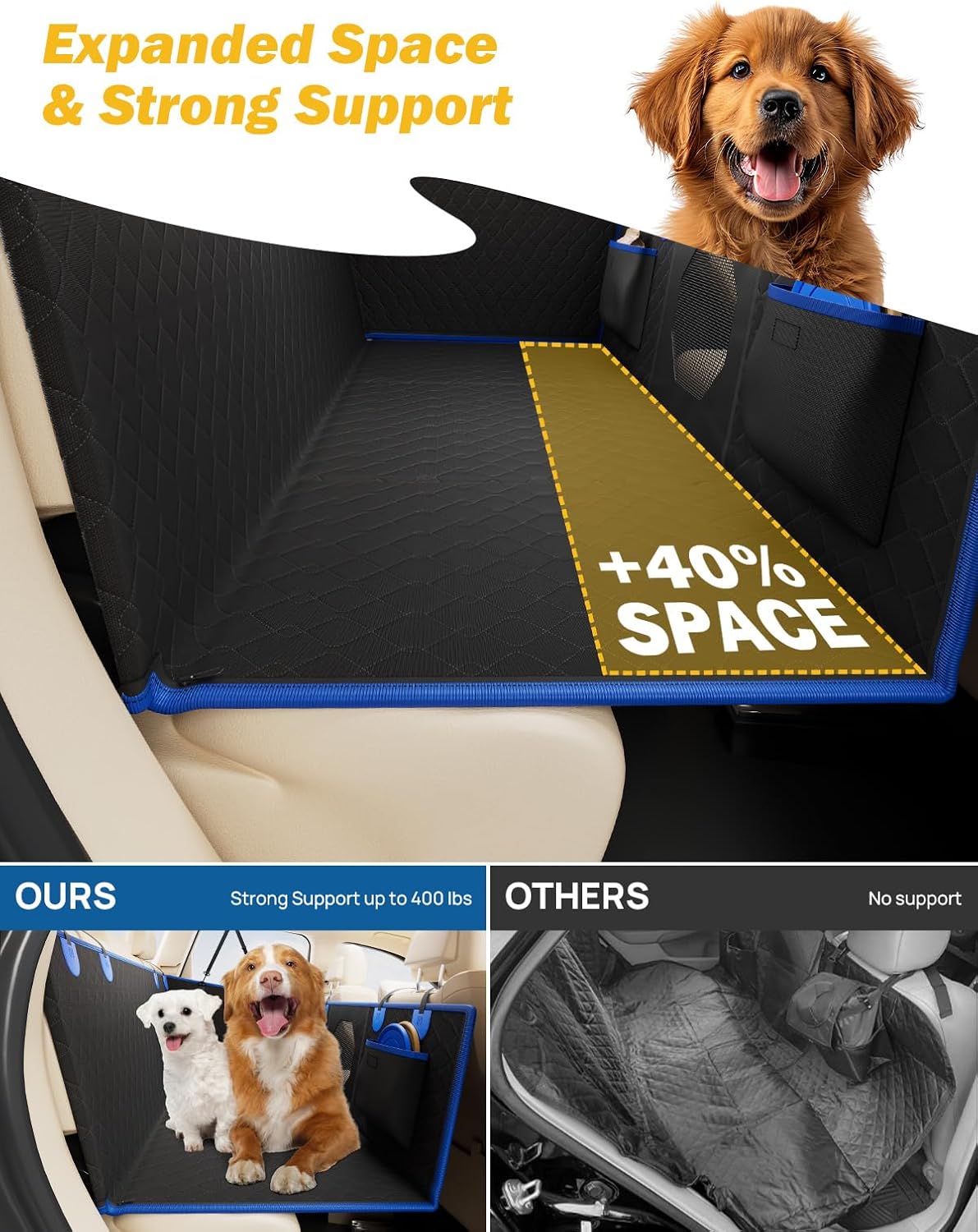 JOYTUTUS Dog Car Seat Cover for Back Seat with Hard Bottom, Back Seat Extender for Dogs Supports 400lb, Pet Cover with Mesh Window, Travel Bed Waterproof Dog Hammock for Car Truck SUV