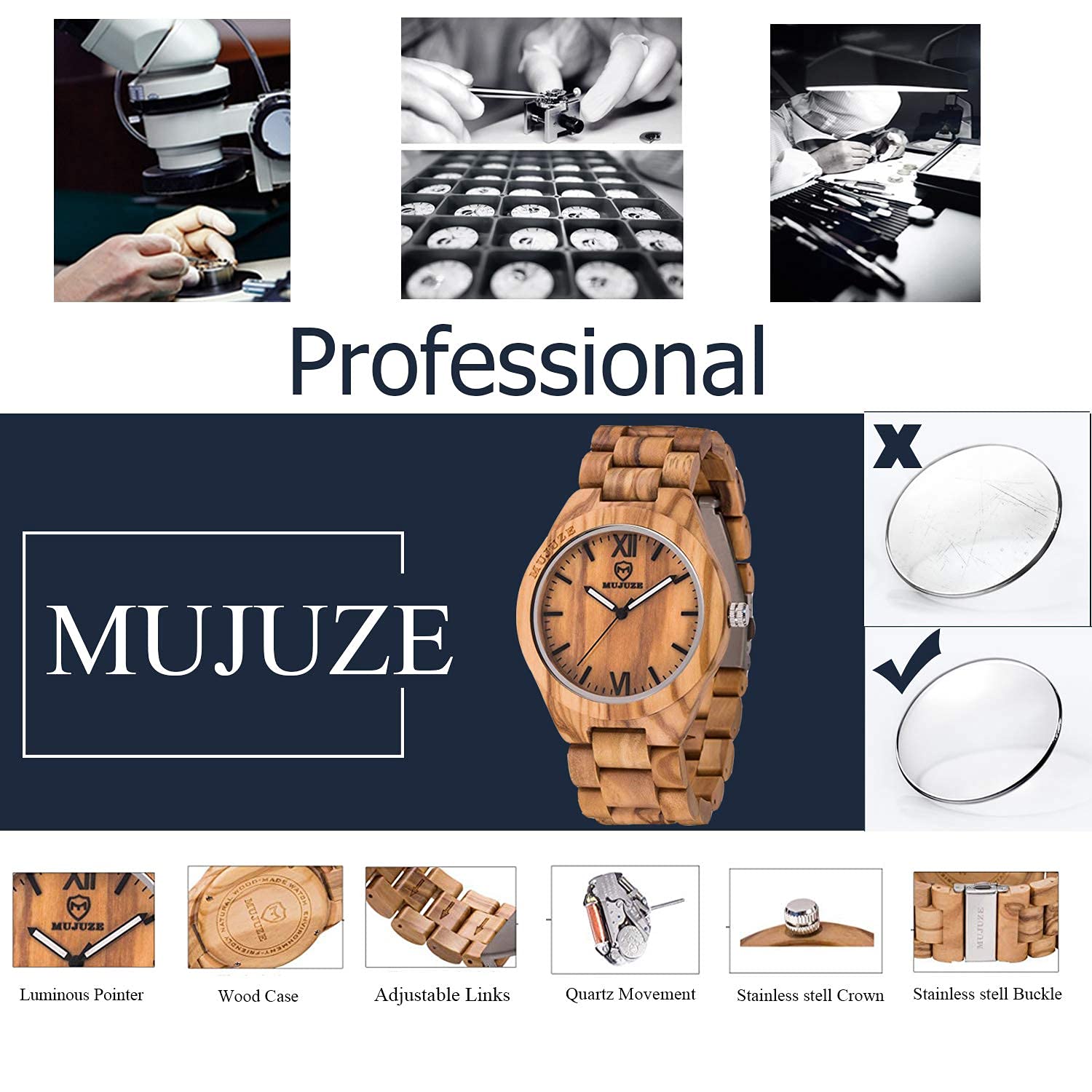 MUJUZE Orologio da Polso in Legno Uomo Donna, Orologio da Polso Al Quarzo Analogico Leggero Fatto a Mano Naturale Con Puntatore Luminoso