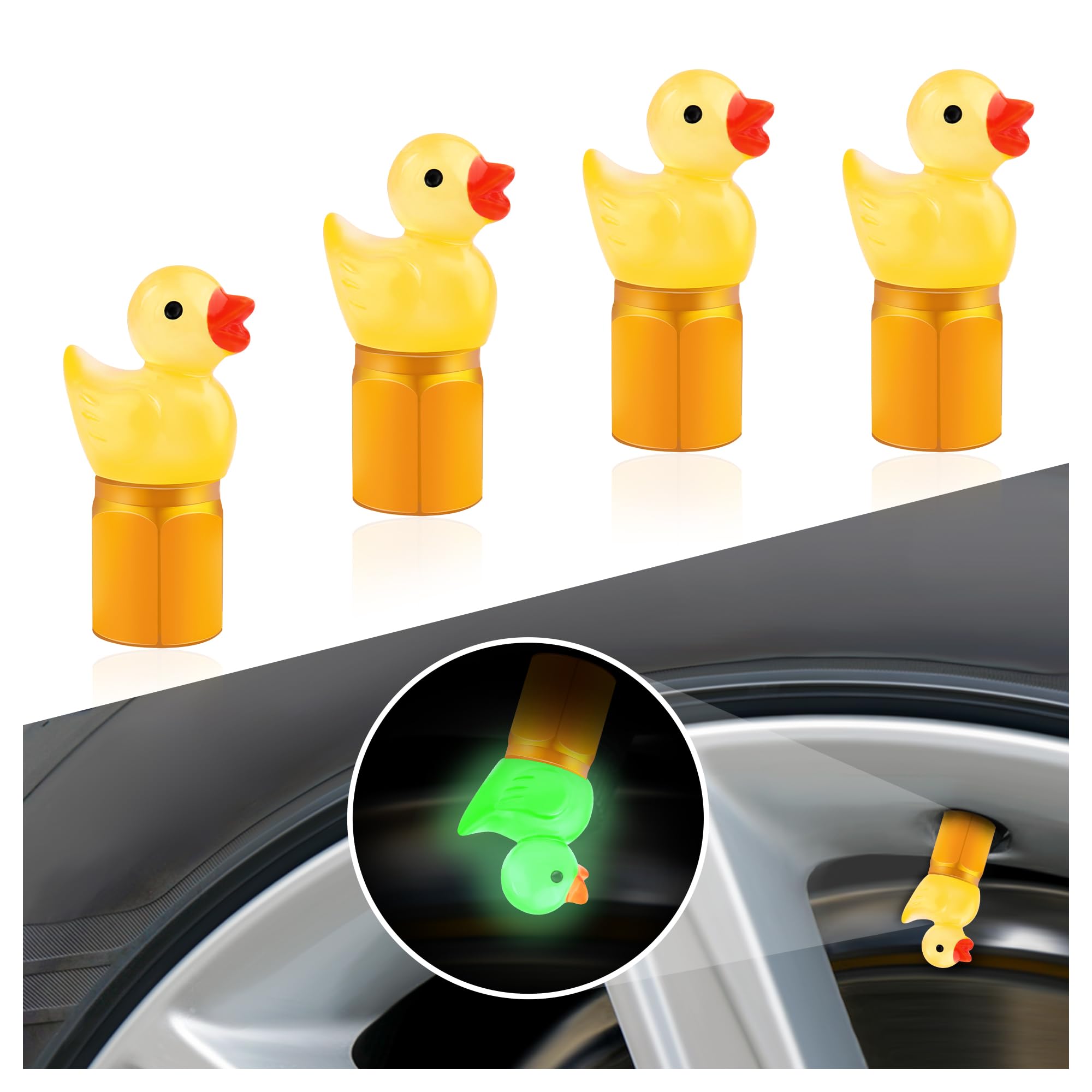 4PCS Auto Tire Valve Stem Caps,Glow in The Dark Cute Duck Valve Caps for Car Tires,Universal Car Tire Air Caps Replacement Car Decorations for Most Trucks Motorcycles Bicycles (Yellow)