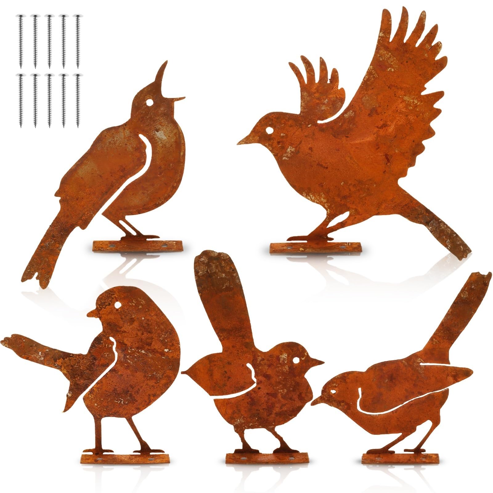 AFDHVTKLDR Garden Decorative Silhouette 5Pcs Rusty Metal Bird Garden Fence Statues Iron Art Crafts Courtyard Lawn Stake Silhouette Decorations(5Pcs B)