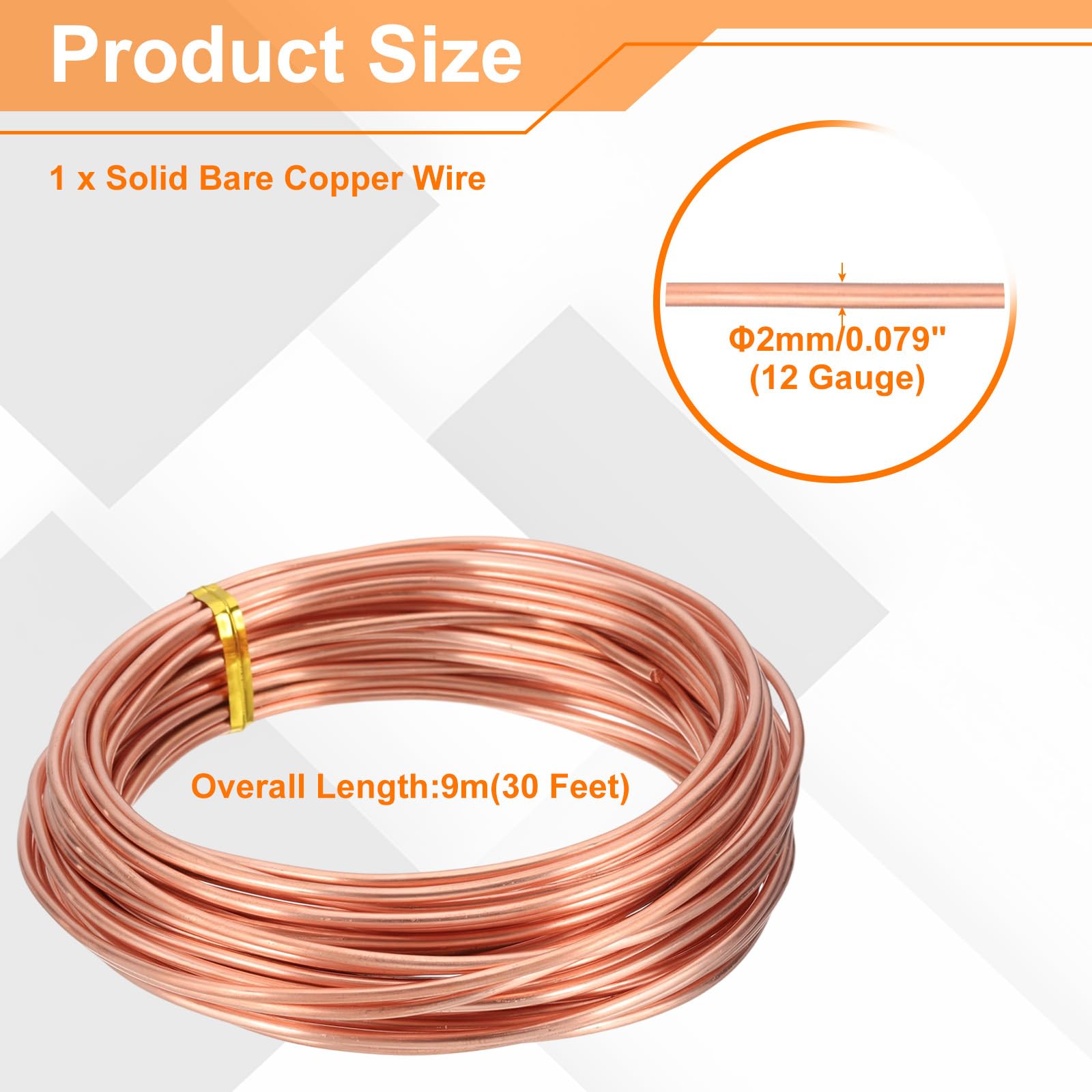 QUARKZMAN Alambre De Cobre Desnudo Sólido 99.9%, Alambre De Cobre Puro Suave 30 Pies Calibre 12 (2mm) Para Manualidades Fabricación De Joyas Jardinería Electrocultura (9m)
