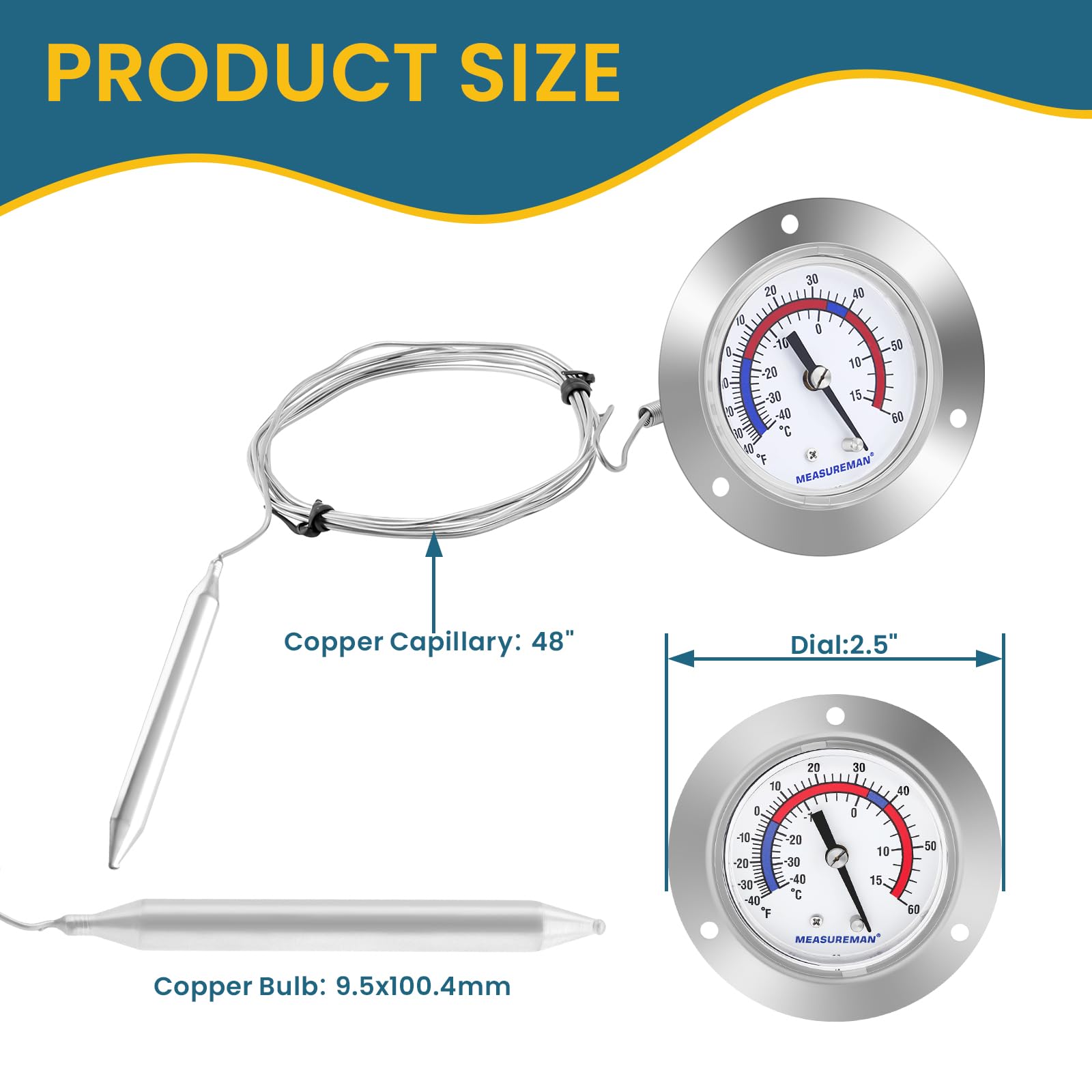MEASUREMAN Vapor Capillary Flanged Panel Mount Refrigeration Thermometer, 2.5" Dial, 48" Capillary, -40-60 deg F/-40-15 deg C, Re-Calibration Available — Amazon image 3