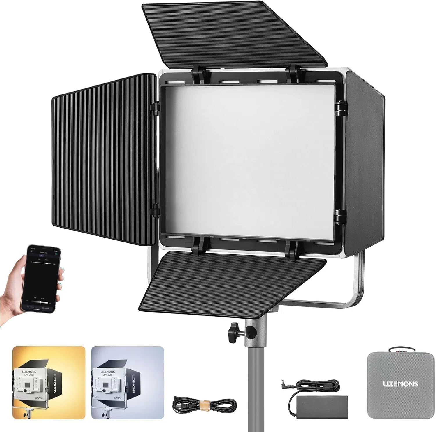 Godox LP400Bi LED Lampe Vidéo Bicolore avec Brandoor, 36W 2800K-6500K 6250 Lux LED Panneau Lumiere avec 11 FX Effets, APP Contrôle, CRI96+ Dimmable 0-100% Panneau Lampe pour Studio