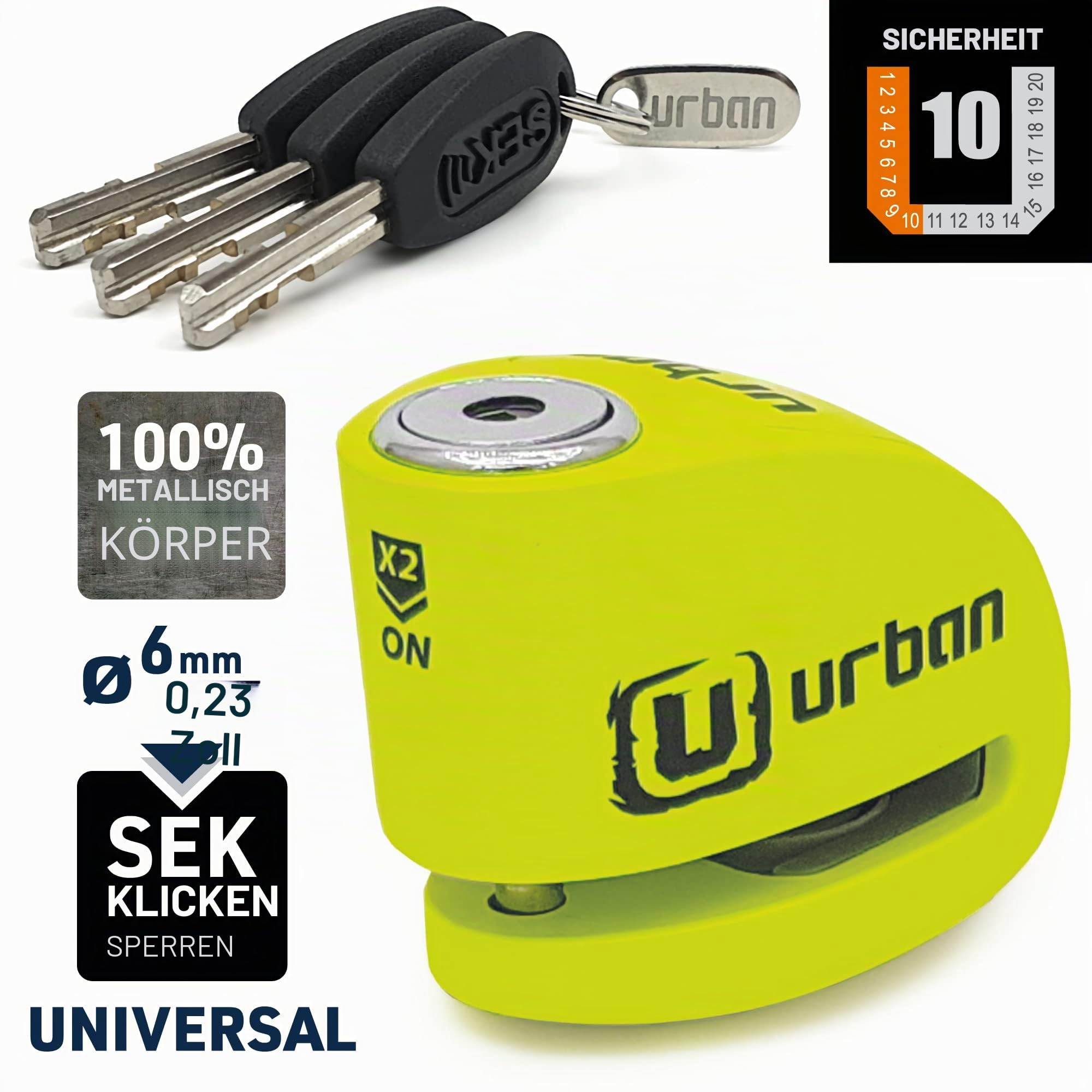 URBAN UR906X Bremsscheibenschloss Alarm 120dB ON/OFF Optionale Aktivierung, Austauschbares Modul, Langlebige Batterie, Erinnerungskabel, Sehr Sichtbar, Universal Diebstahlsicherung Motorrad Roller