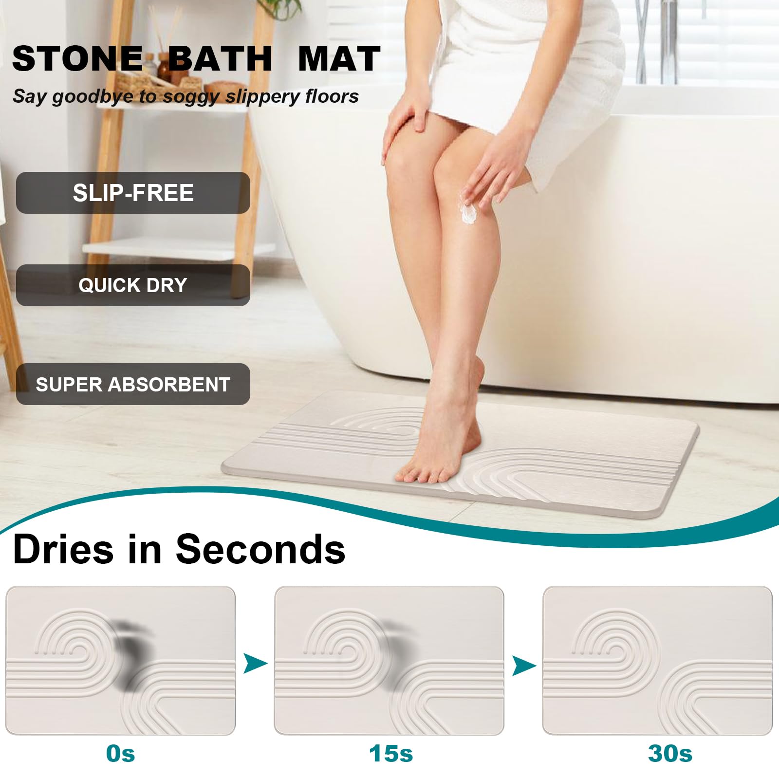 Elfcool Stone Bath Mat Diatomaceous Earth Shower Mat Non Slip Quick Dry Bath Stone Mat Super Absorbent Bathroom Floor Mat for Bathroom Kitchen Counter (Off White 02)