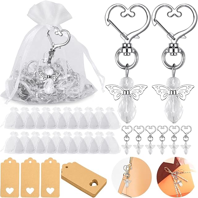 Guardian Angel Keychain, Tensphy Angel Wings Pendant Keychain With 30pcs Organza Bags And 30pcs Hanging Tags for Guardian Angel Gifts Baby Shower Wedding Favours Party Favours (Silver), 14*16*3cm