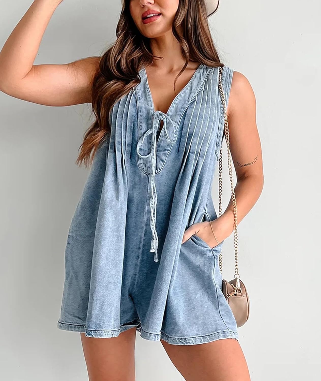 SOMTHRON Women's Casual Sleeveless Denim Romper Tie Front V Neck Summer Jean Overall Shorts With Pockets - Image 5