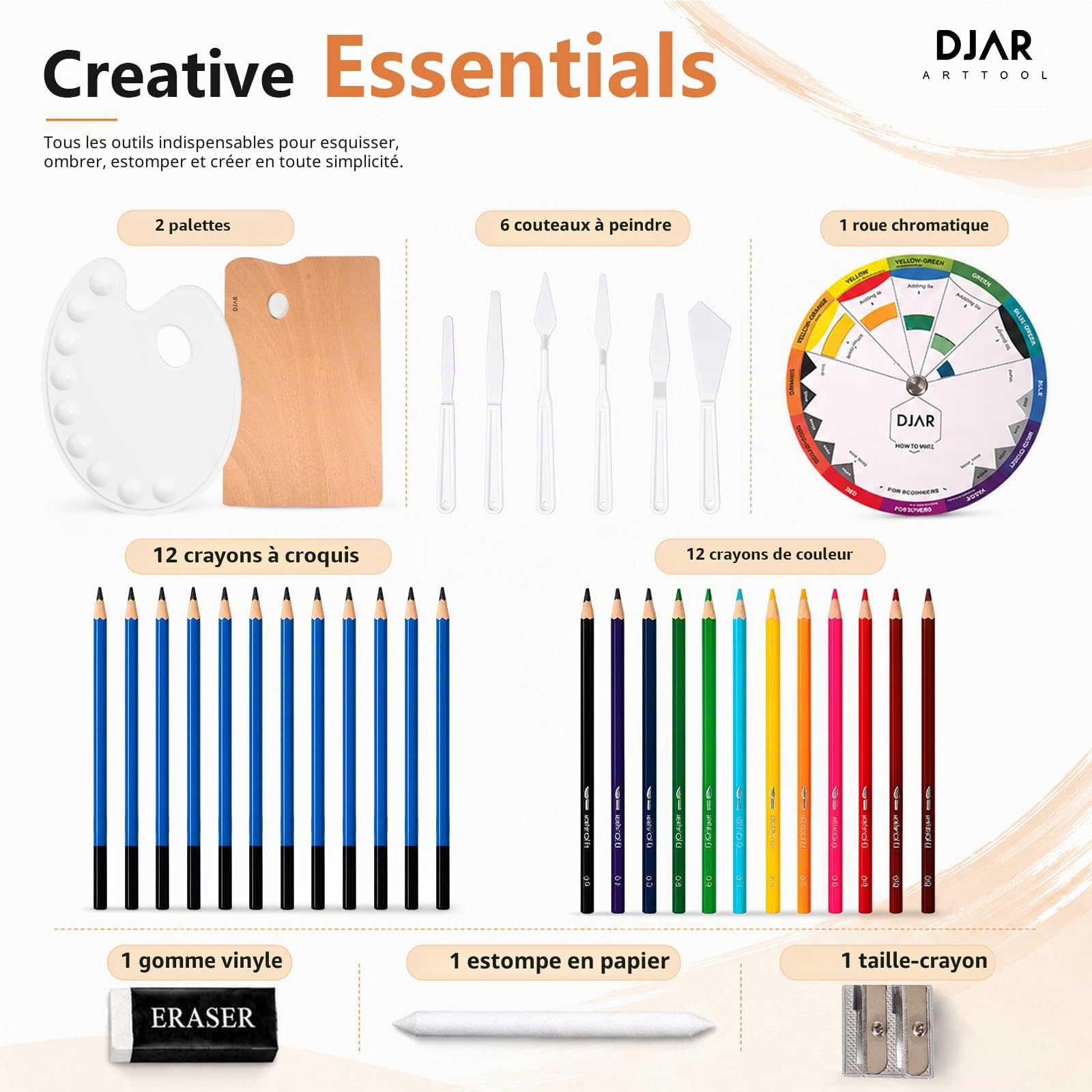 DJAR Kit de peinture professionnel tout-en-un de 174 pièces avec chevalet en bois de hêtre certifié FSC, ensemble de 96 peintures acryliques, aquarelle et à l'huile, kit de fournitures de peinture