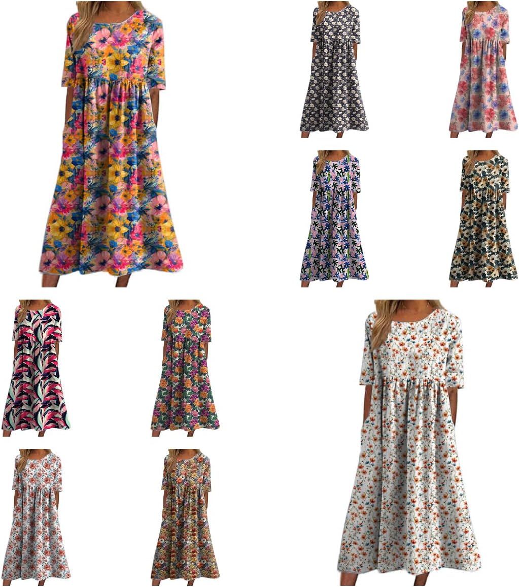 Women's Boho Floral Maxi Dress Summer Casual Short Sleeve Loose Flowy Dresses