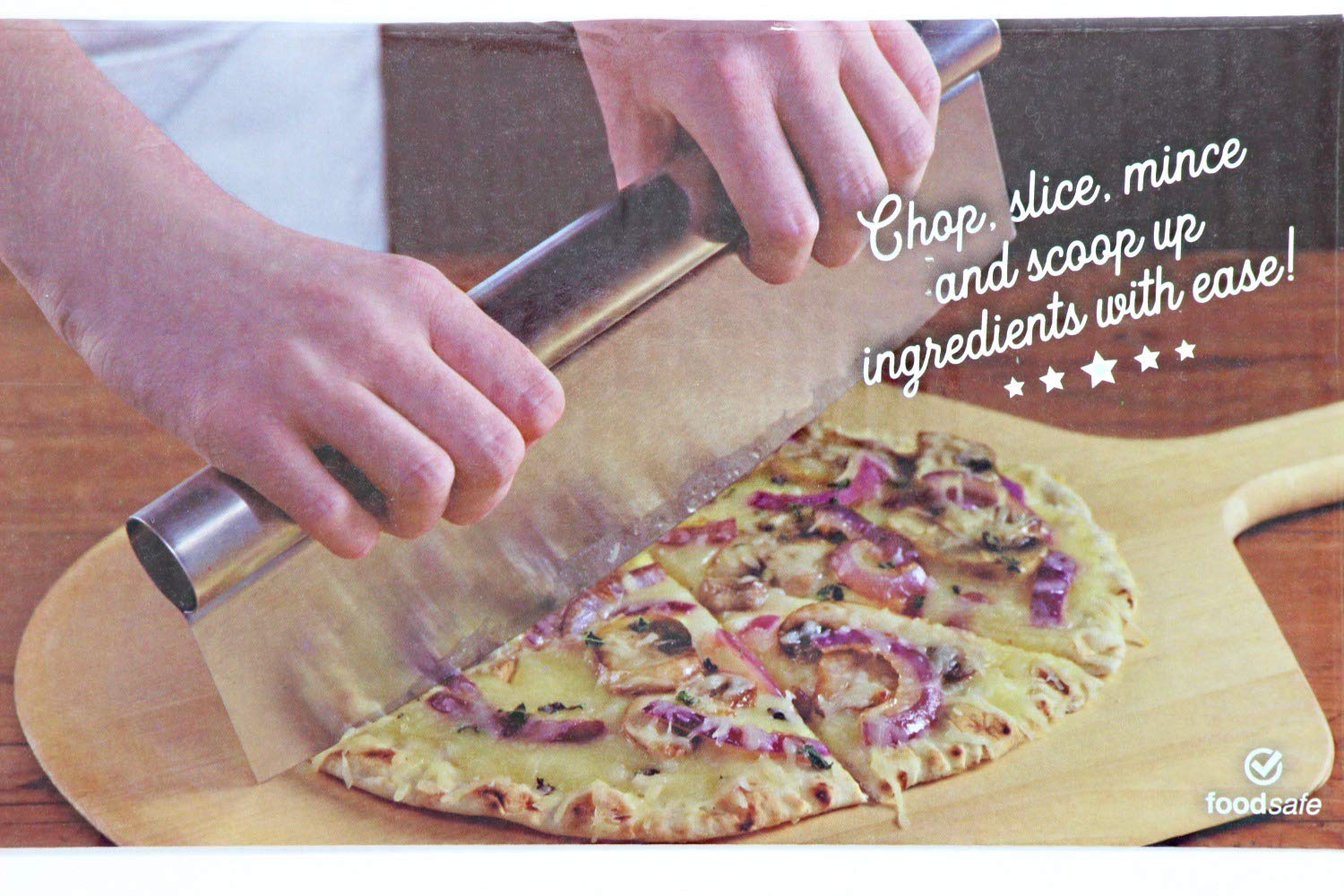 Gia’s Kitchen 11” Stainless Steel Pizza Rocker Knife– Chop and Slice Perfect Portions – Doubles as a Vegetable, Salad & Herb Mincer, Slicer, Dicer