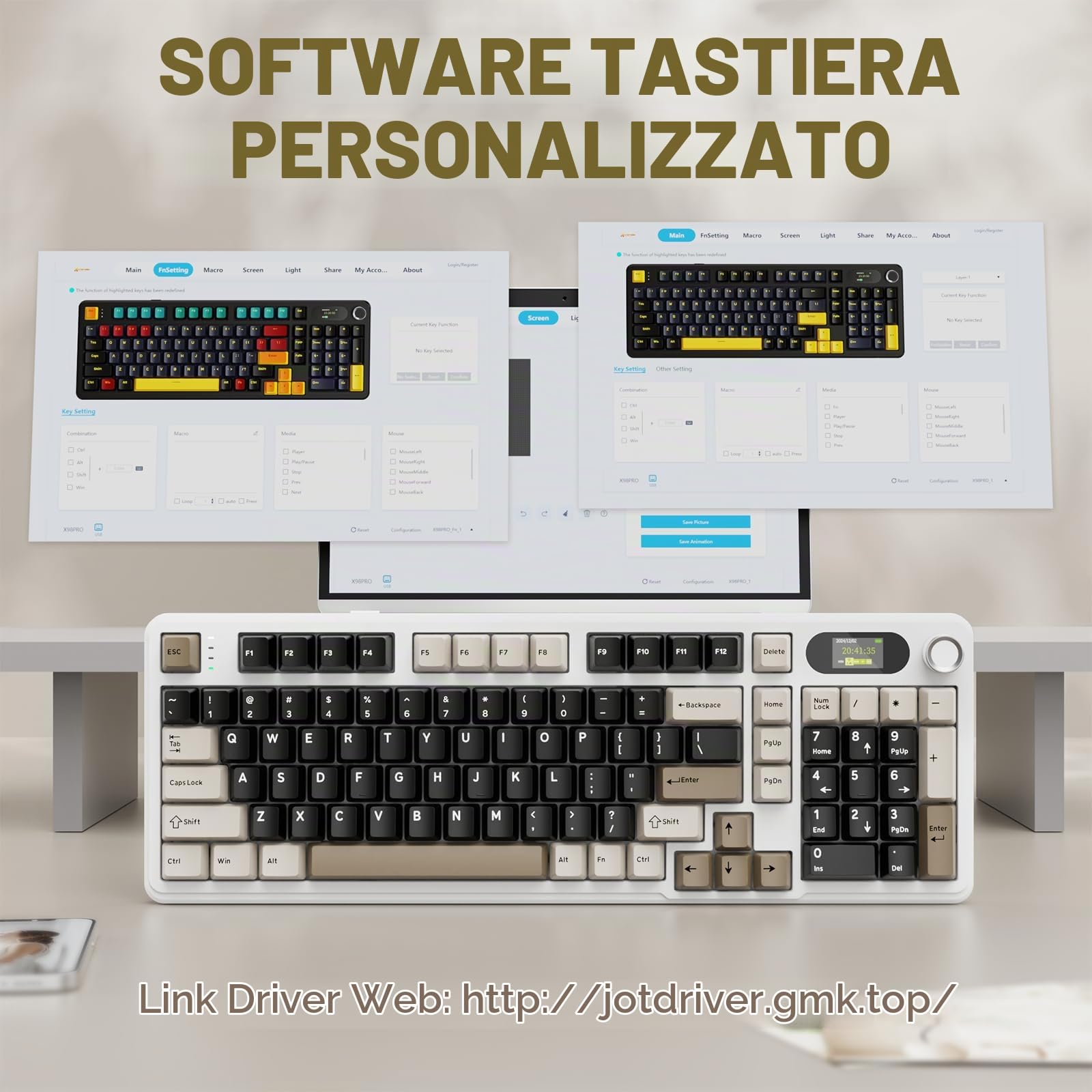 MAMBASNAKE × ATTACK SHARK X98 Pro Tastiera Gaming Wireless 96%, Display LED & Manopola, BT/2.4G/USB-C, Tastiera Meccanica RGB QWERTY, PBT Side-Printed, Hot-Swappable Gasket, 4000mAh(Bianco Marrone)