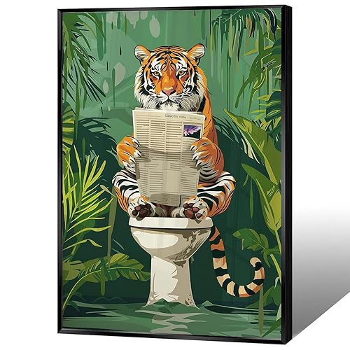 KIJDID Funny Tiger Sitting On Toilet Reading Newspapers Canvas Wall