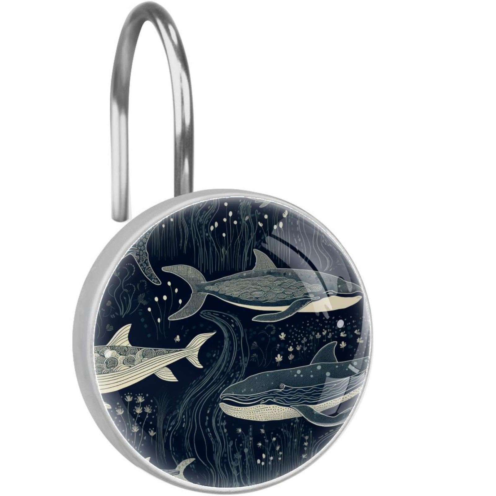 Ganchos decorativos para cortina de ducha de cristal con diseño marino de ballena
