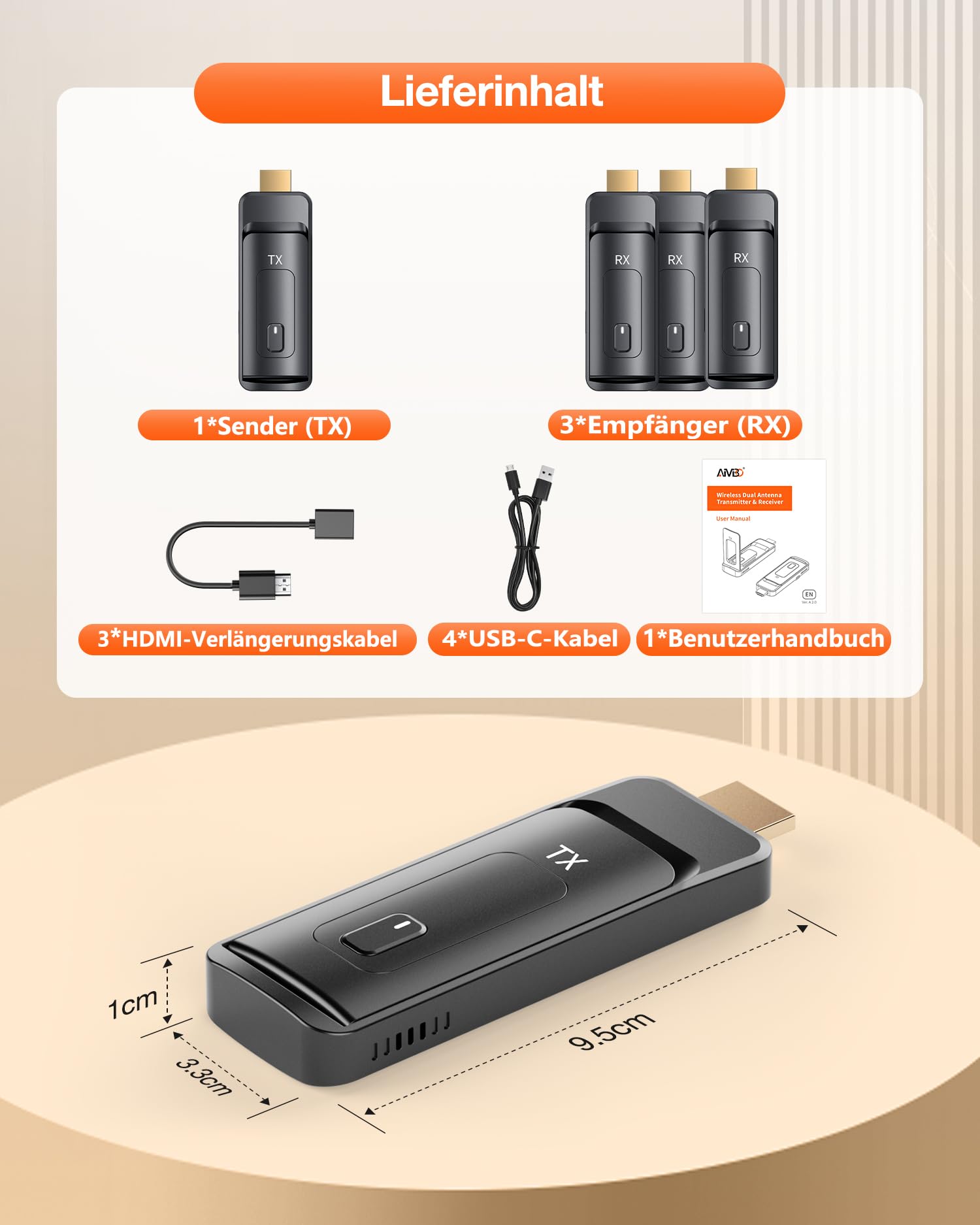 AIMIBO bezprzewodowy transmiter HDMI i 3 odbiorniki, transmisja radiowa 5G HDMI do 6 telewizorów, wejście 4K 1080p 60 Hz ze składaną anteną do laptopa/PC/TV Box do wielu TV/monitorów/projektorów 50 m