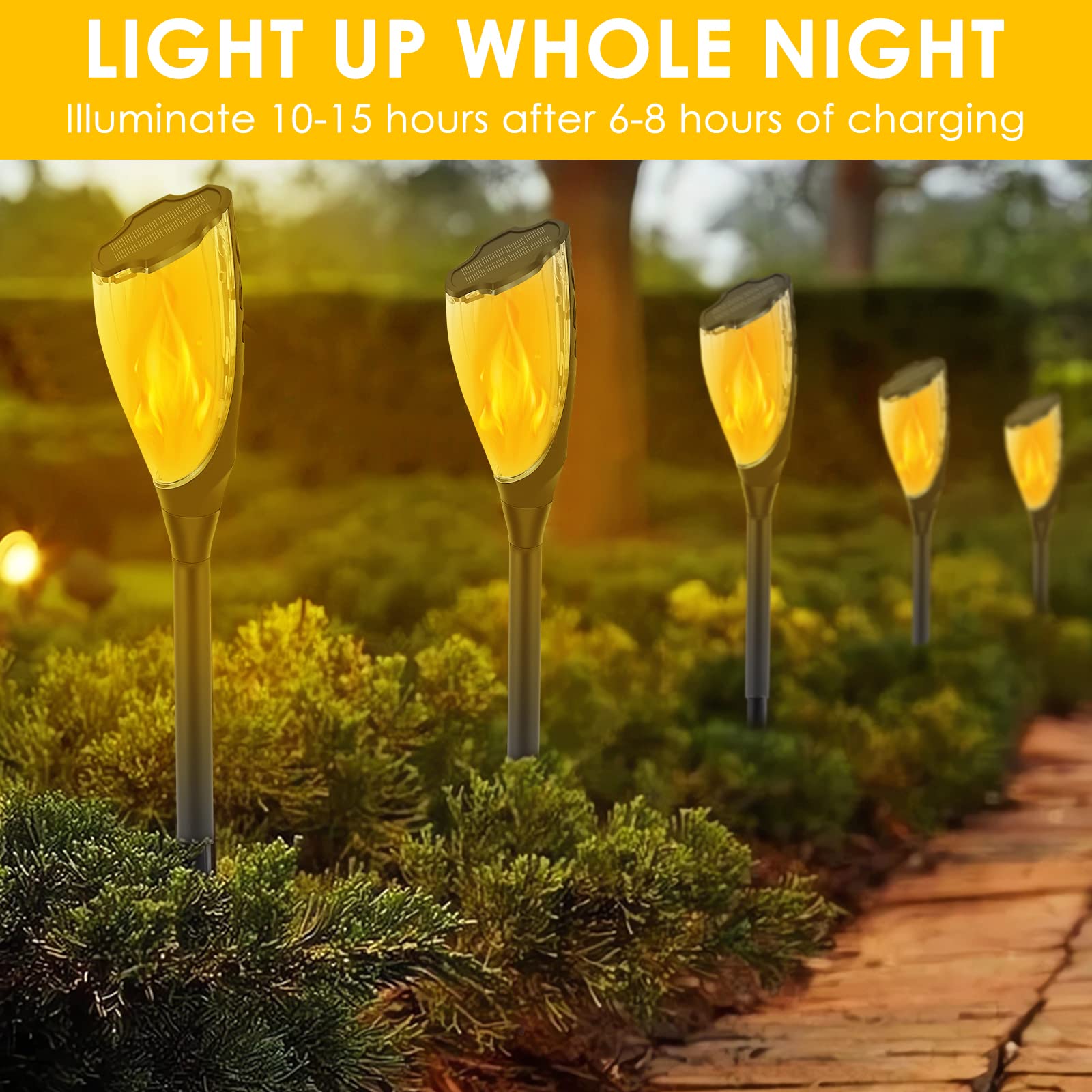 ZWOOS Lot de 4 lampes de poche solaires avec flamme vacillante, lumière toute la nuit (max. 15h), étanche IP65 pour jardin, terrasse, cour et allée