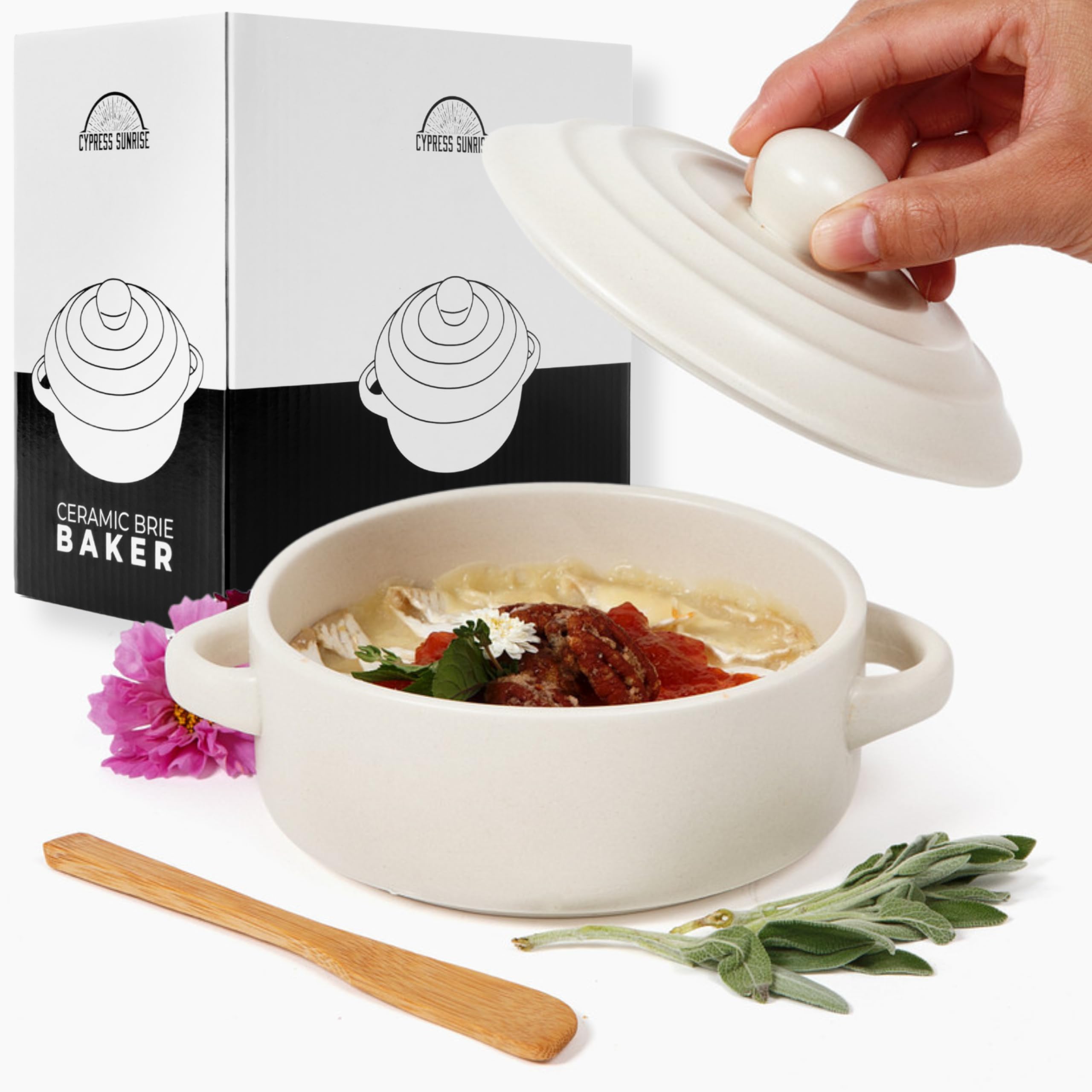 Brie Baker with Lid and Spreader - White Ceramic Baking Dish for Cheese, Baked Brie, Fondue, Dip - Oven Safe Baker Crock - 5” - Fits Standard Camembert Wheel - Gift Charcuterie Accessories