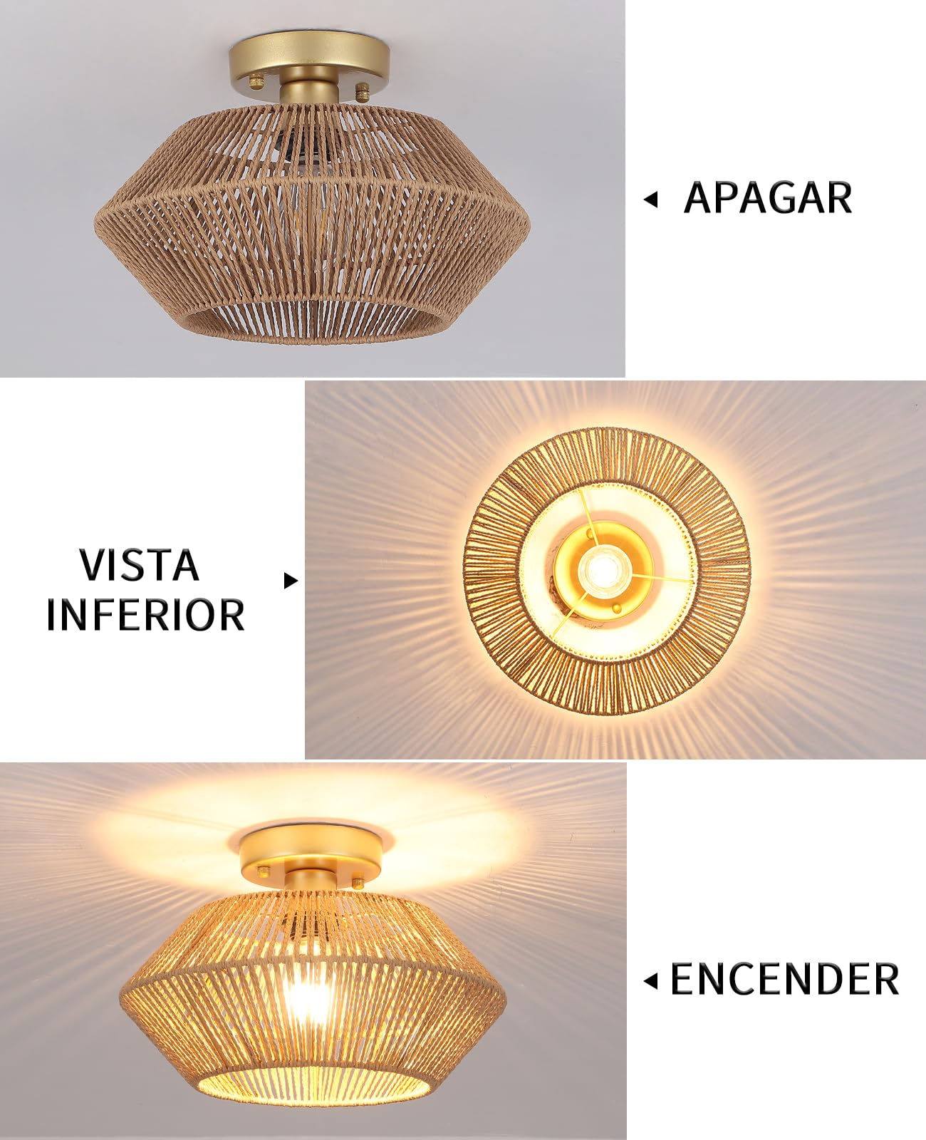 LáMparas De Techo Ratán Bohemio Para Sala De Estar, 1 LáMpara De ArañA Mimbre Para Dormitorio, Cocina, Comedor, Pasillo, Iluminación De Techo De Ratán Dorado, Sin Bombilla E27