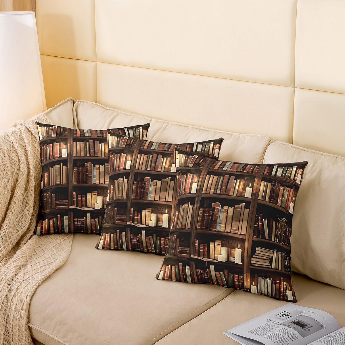 Erosebridal Bookshelf Throw Pillow Covers 16x16 Inch Set of 4,Vintage Library Bookcase Pillow Covers,Western Bookshelf Books Cushion Cases,Education Academic Collection Decorative Square Pillow Cases