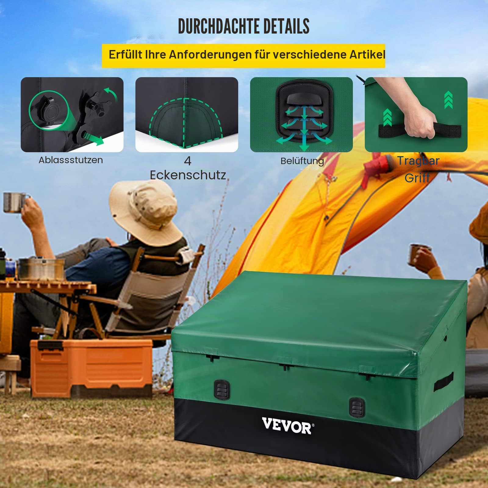 VEVOR 660L Auflagenbox Außenbereich 155x63x75cm Gartenbox aus PE-Plane auf industriellem Niveau Wasserdicht Luftdurchlässig Aufbewahrungsbox Truhe Gartenbox, Grün & Schwarz