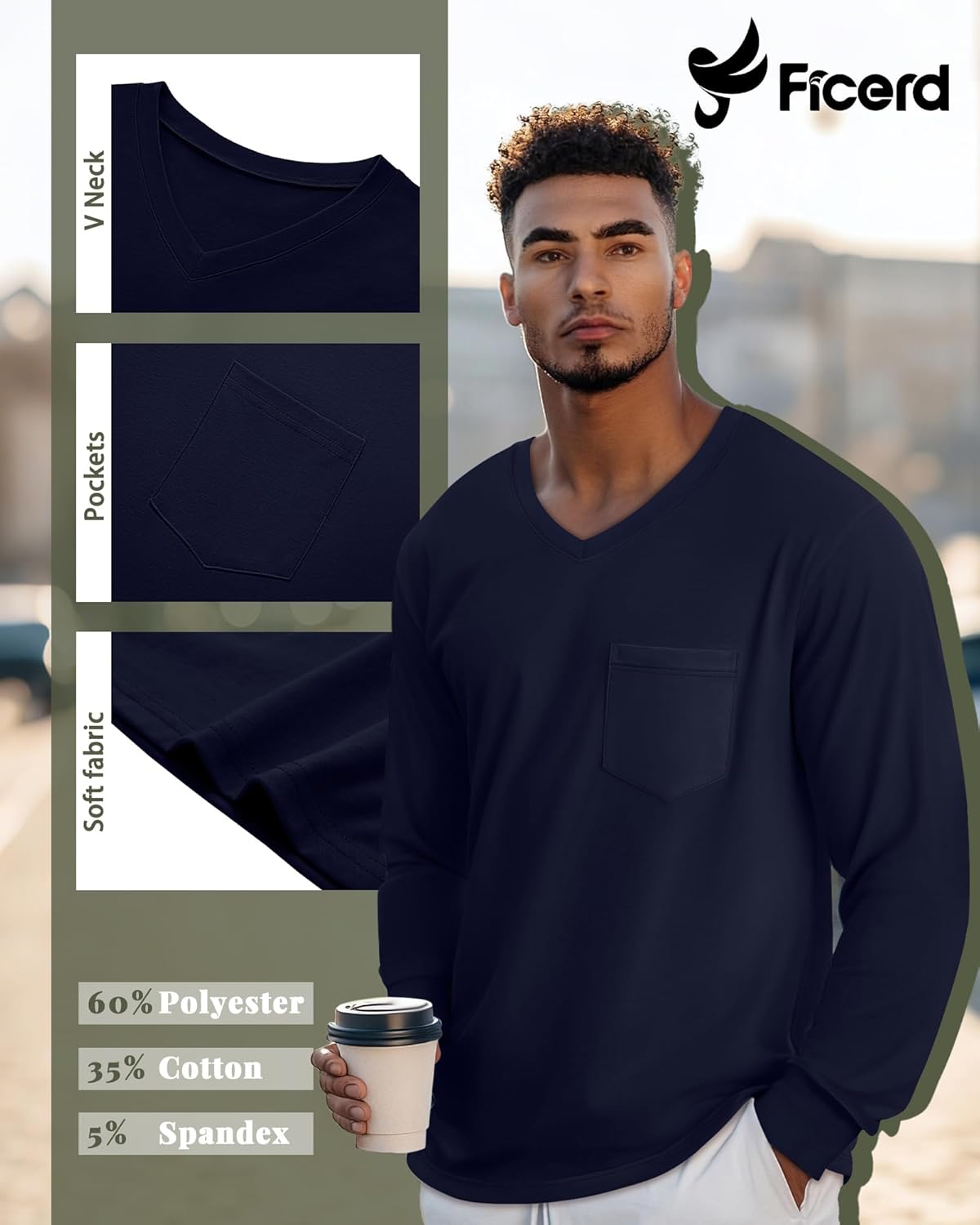 Ficerd 3 Pack Men's Big and Tall V Neck Shirts with Pocket Long Sleeve Plus Size Tops Basic Casual Loose Fall Tee - Image 5