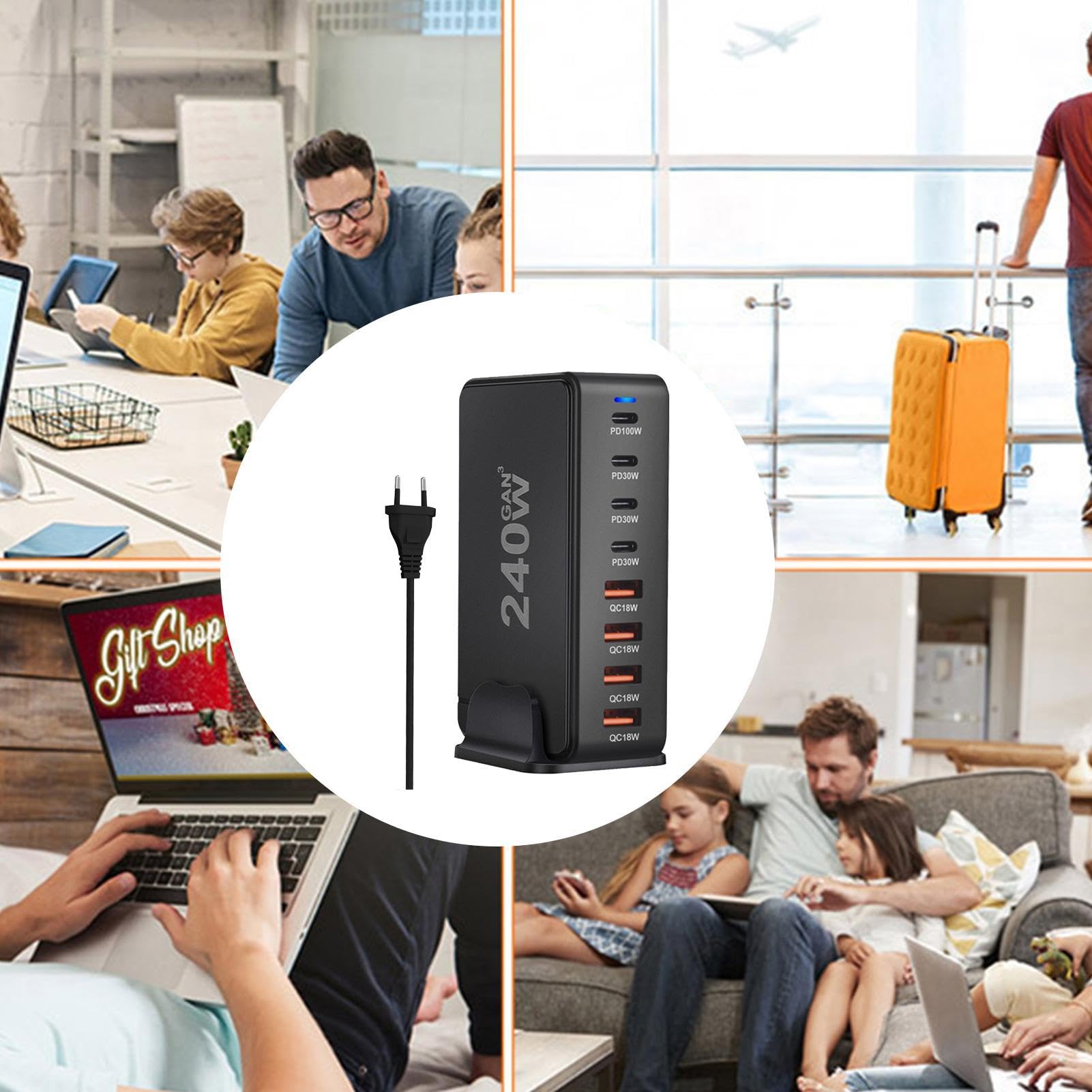 Fuente de alimentación USB C - Adaptador de Cargador USB C de 8 Puertos | 4a4c PD QC Adaptador de Corriente para computadora portátil de Carga súper rápida - de Carga súper rápido del
