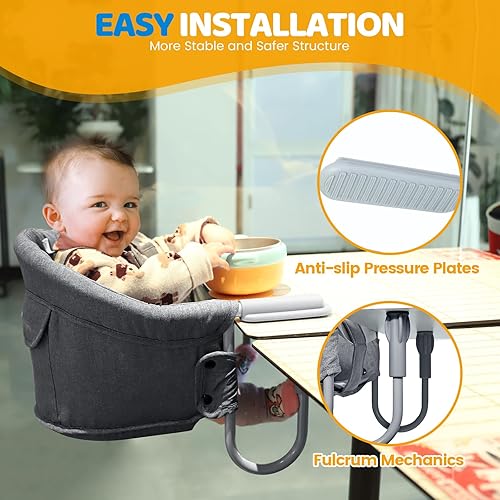 Miniatura 2 de Orzbow Silla alta de gancho, asiento de mesa portátil para bebés y niños pequeños de 6 a 36 meses, silla alta plegable con clip con bolsa de
