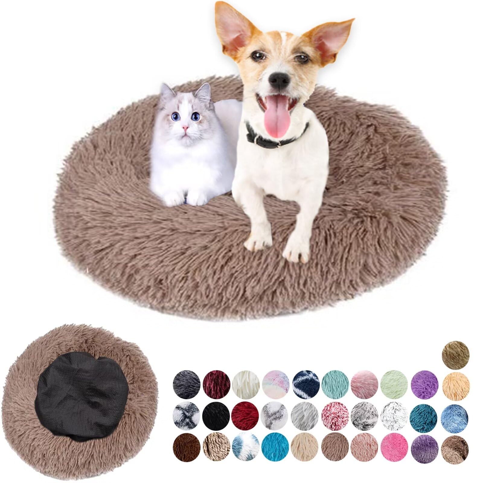 Soft Fluffy Round Dog Bed - Calming Anti-Anxiety Pet House for Small, Medium, Large Dogs - Plush Anti-Slip Cat Bed, Easily Washable, Improves Sleep - Warm Beige Brown 120cm