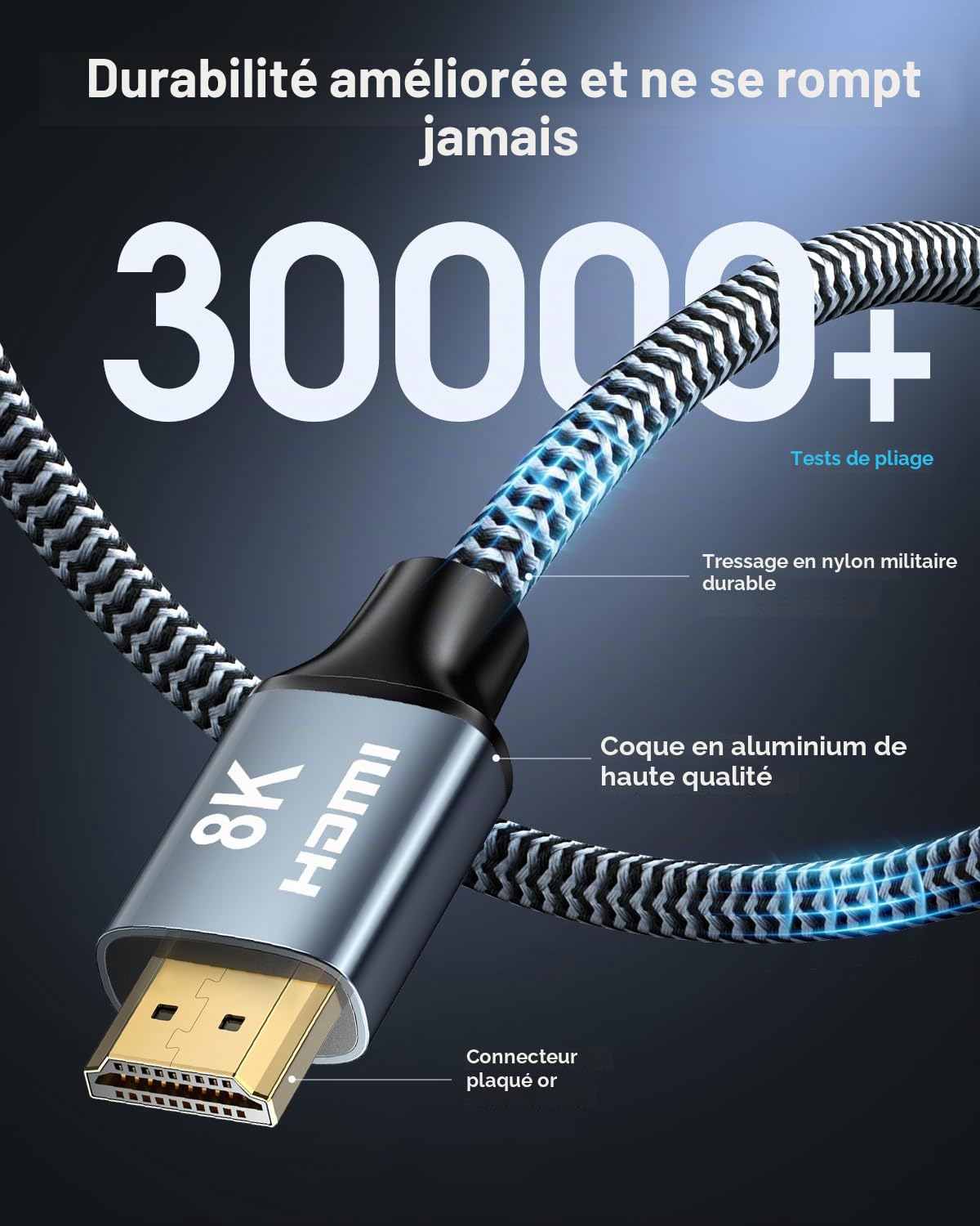 Câble HDMI 2.1 8K pour TV et Projecteur 15M 1 Pièce Gris