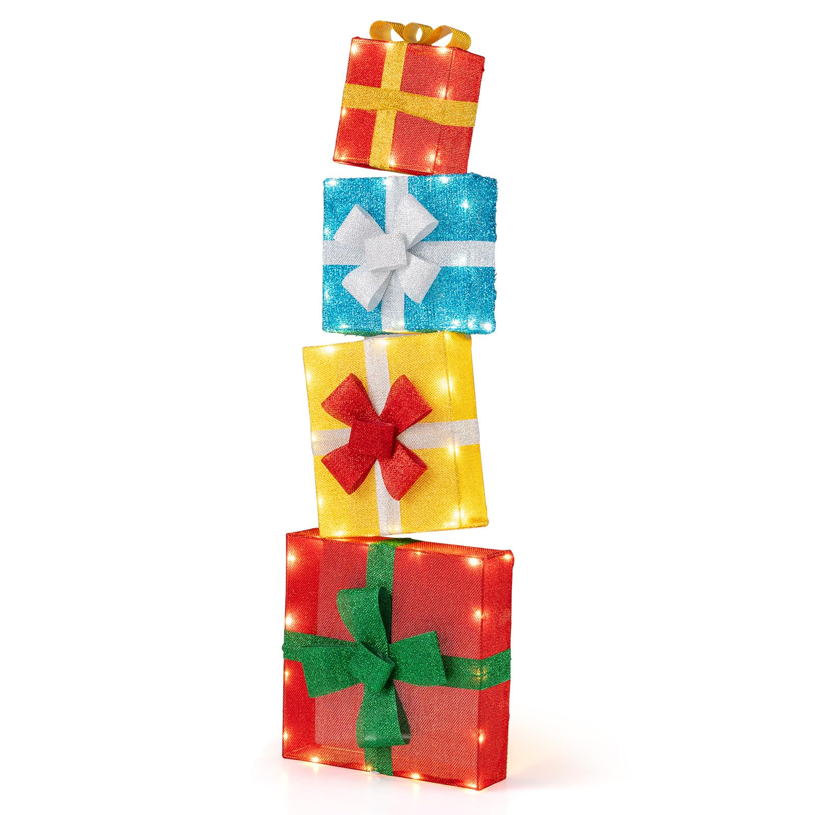 COSTWAY Scatole Regalo per Decorazioni di Natale, Set 2D da 4 Scatole Sovrapposte Preilluminate, Scatole Regalo Impilabili da 120 cm con LED e Fiocchi per Interni ed Esterni, Giardino, Cortile
