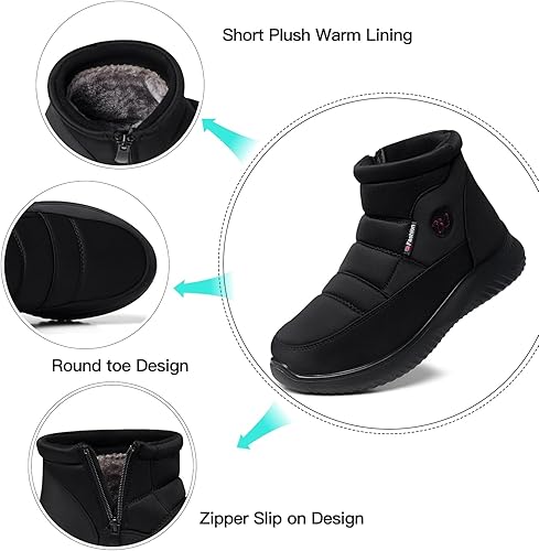 Miniatura 4 de TEMOFON Botas de nieve de invierno para mujer botas anchas con forro de piel cálida con forro de piel negra, cómodas botas planas para caminar al