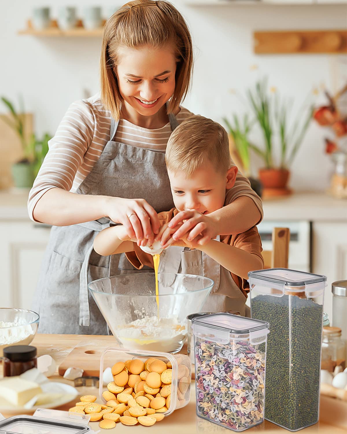 heuchaey Set di 19 Contenitori Alimentari per Cereali,Contenitori Plastica con Coperchio,Etichette e cucchiai,Barattoli Ermetici per Cereali,Muesli,Farina（2.8L 2L 1.4L 0.8L）