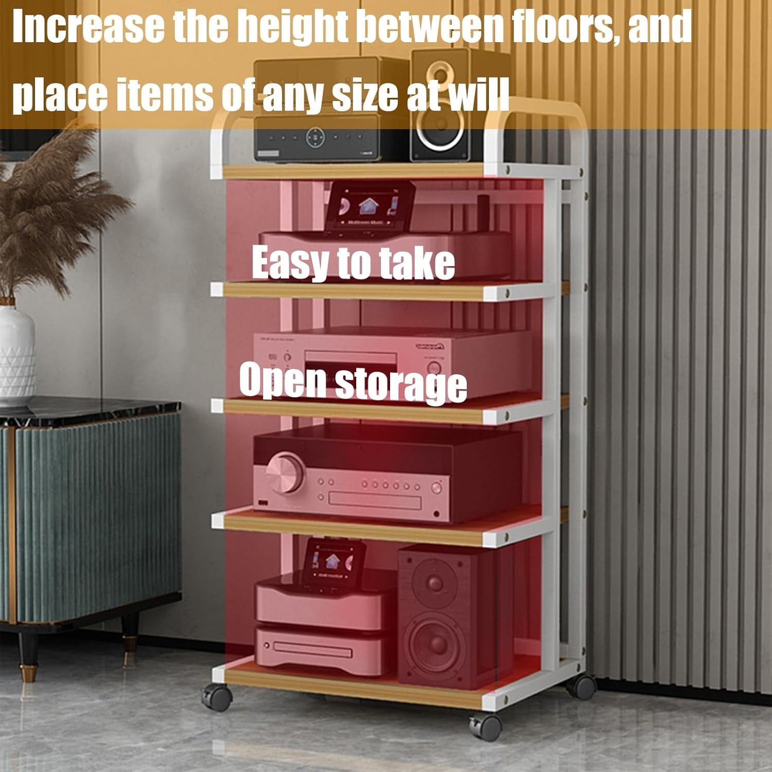 Movable media stand with wheels 3 4 5 Tier, audio rack cabinet for TV, AV Media Stand, Consoles, Streaming, Audio Video Components, Stereo Equipment, Gaming Devices(C,3Tier)