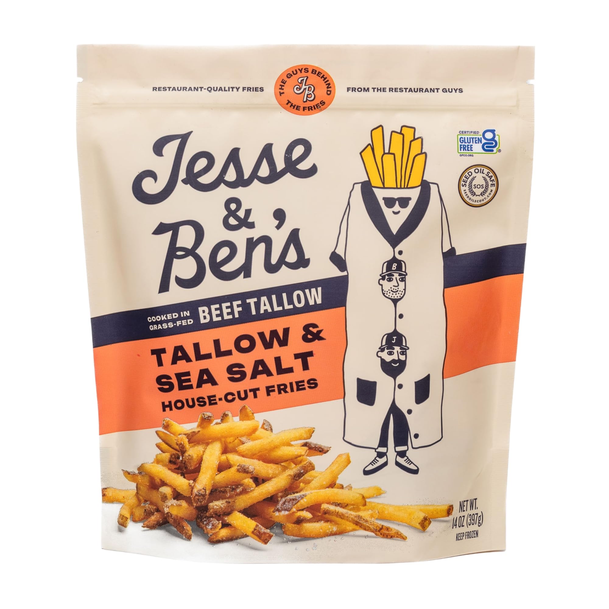 Jesse Bens House-Cut Tallow Sea Salt Fries Made with Grass-Fed Beef Tallow Gluten-Free Non-GMO Frozen Potatoes Healthy Snack