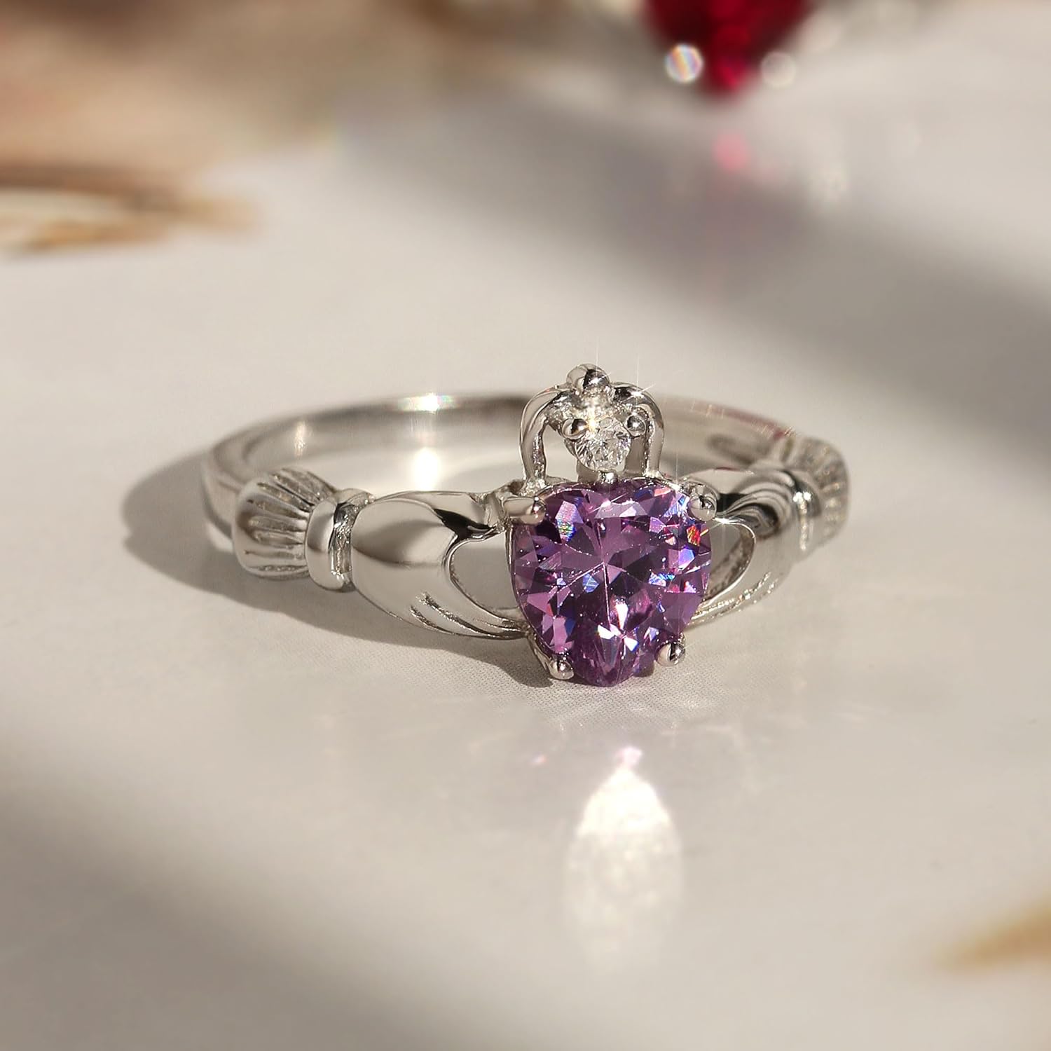 Sterling Silver Simulated Amethyst CZ Heart Claddagh Ring 9MM (Size 4 to 12)