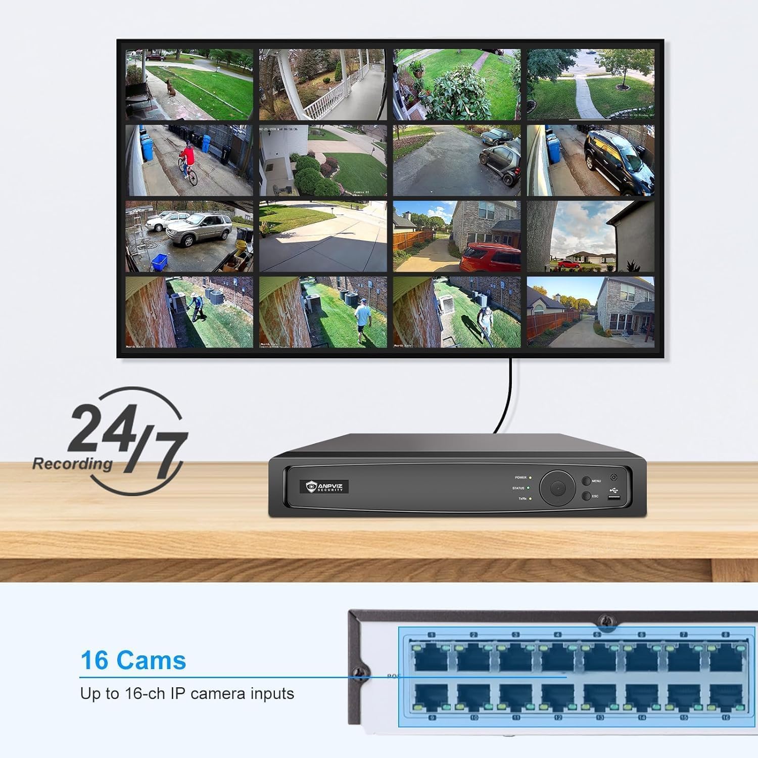 Anpviz 16CH 4K PoE NVR Recordadora, Sistema de Cámara de Seguridad 16 Canales Registrador de Video de CCTV, 4TB HDD Admite 1080P 4MP 5MP 6MP 8MP Cámara IP, H.265+ Grabación Vigilancia 24/7