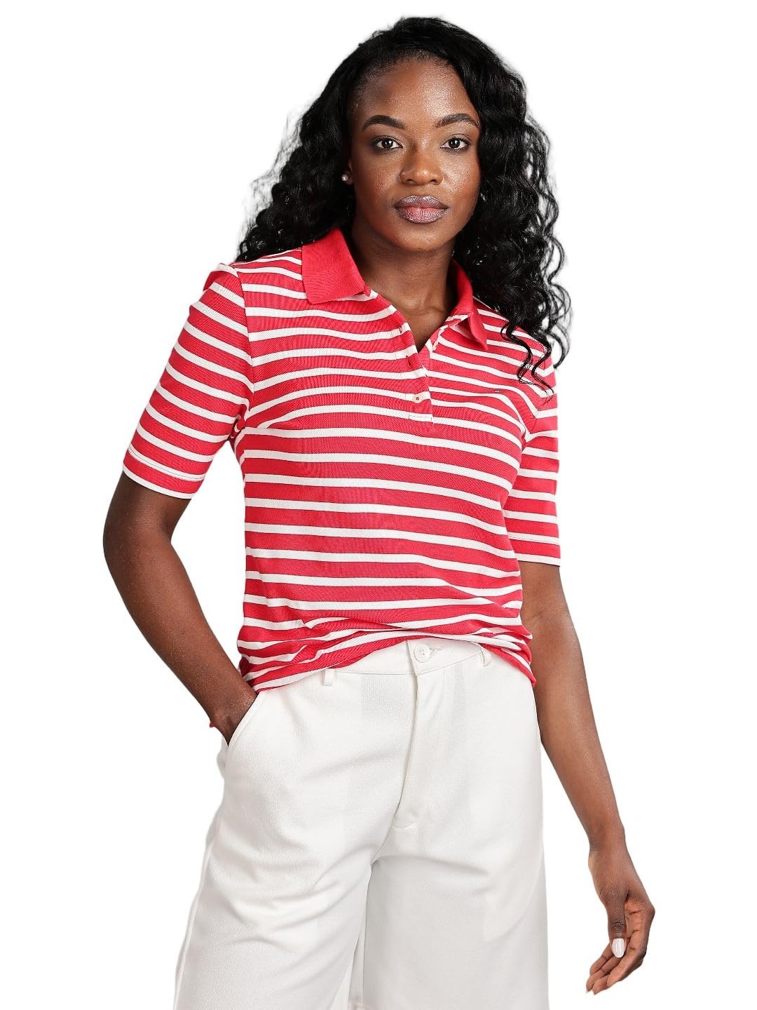Tommy Hilfiger Women’s Red Striped Polo Shirt – Stylish Casual Top for Women