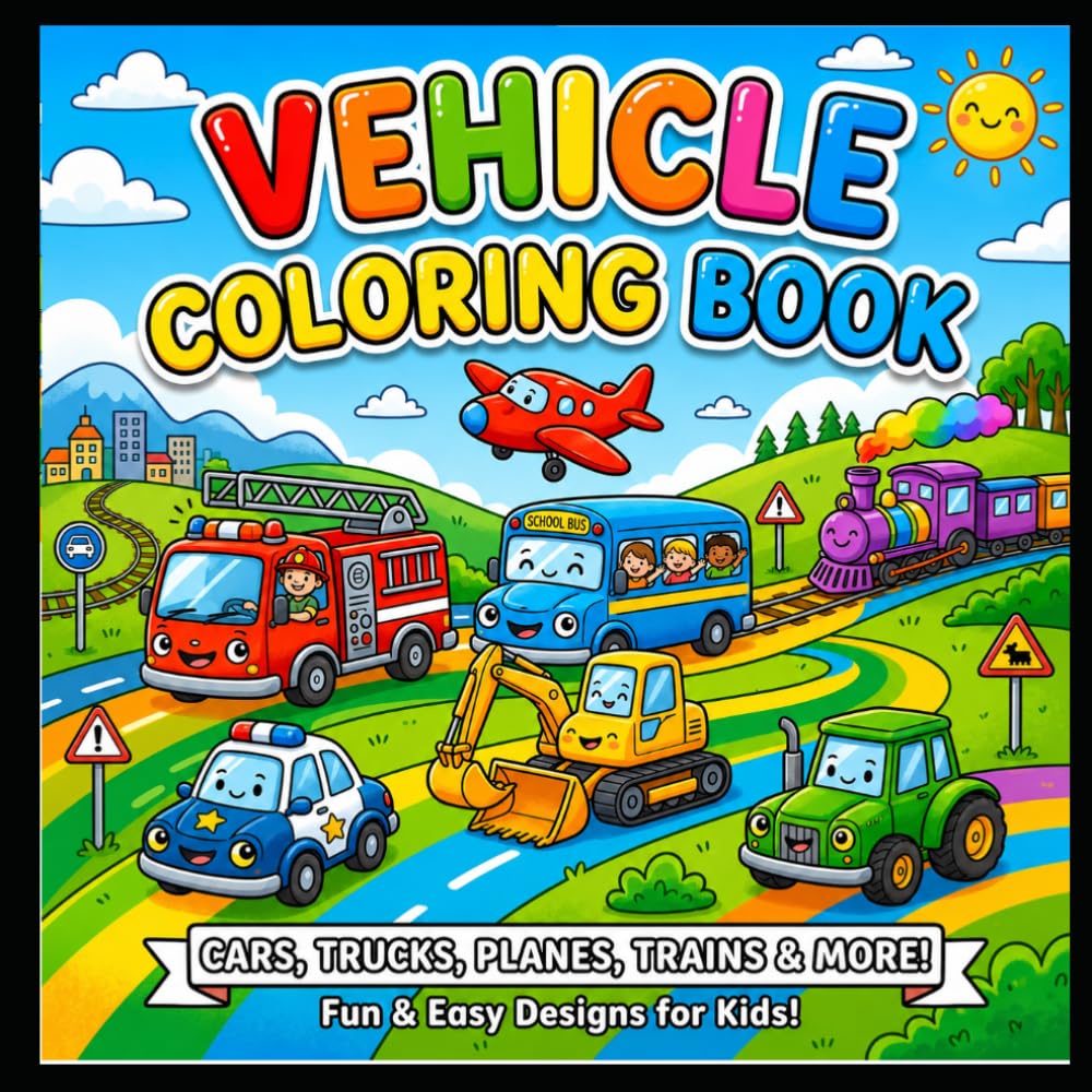 VEHICLE COLORING BOOK: Fun cars,trucks,trains and more for toddlers and preschoolers.