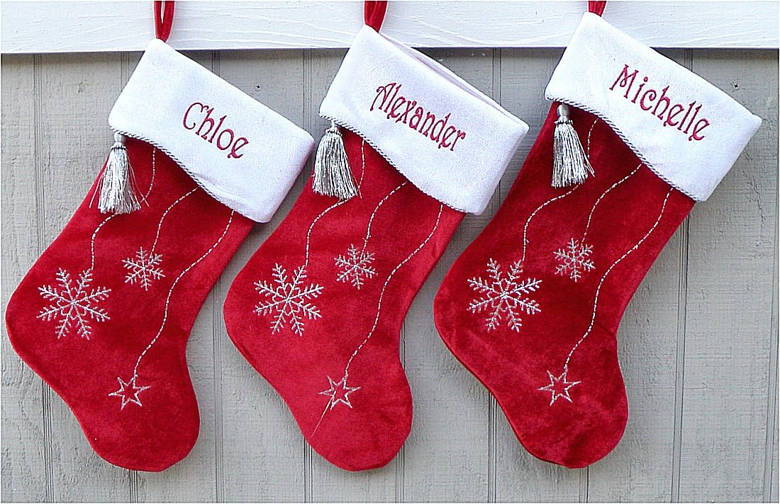 Red White Velvet Personalized Christmas Stocking Bling Snowflake