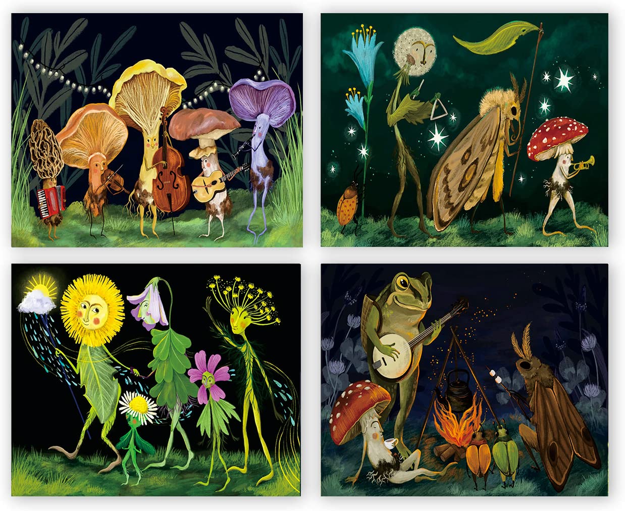 Watercolor Mushroom Wall Art Print,Mushroom Flower Dandelion Wall Art Canvas Painting Home Decor,Vintage Mushroom Frog Band Art Print,Funny Mushroom illustration Wall Art for Kitchen, Dining Room Decor ,Set of 4-(8”X10” Unframed)