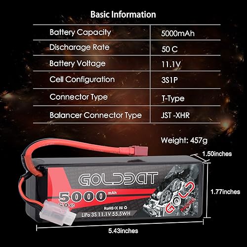 Miniatura 2 de GOLDBAT Paquete de batería Lipo RC de 11.1V 5000mAh 3S 50C con conector T para E-maxx Axial RC Car Truck Buggy Truggy Hobby (paquete de 2)