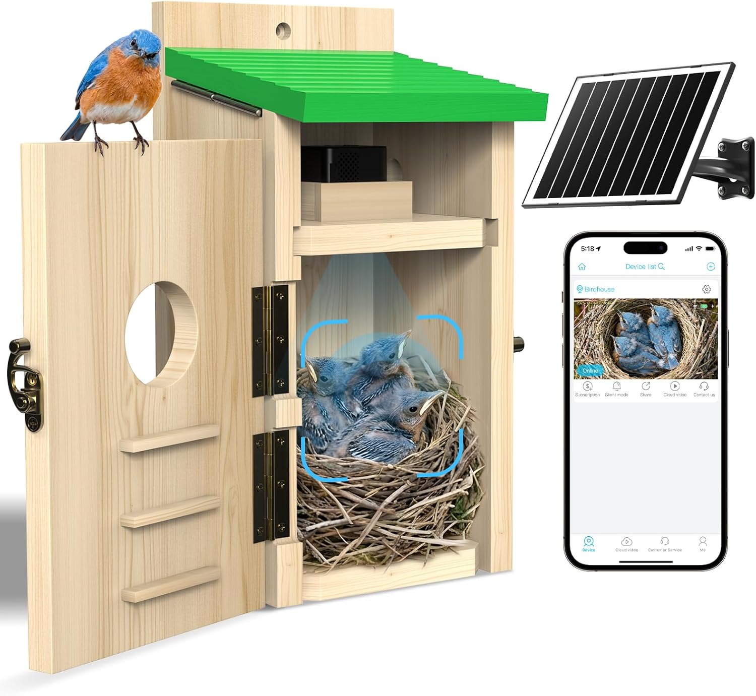 Bird House with Camera Solar Powered, Wi-Fi,Motion Detection & Night Vision,Pine Wood Birdhouse with Camera Inside,Ideal for Backyard & Nature Lovers(Light Green)