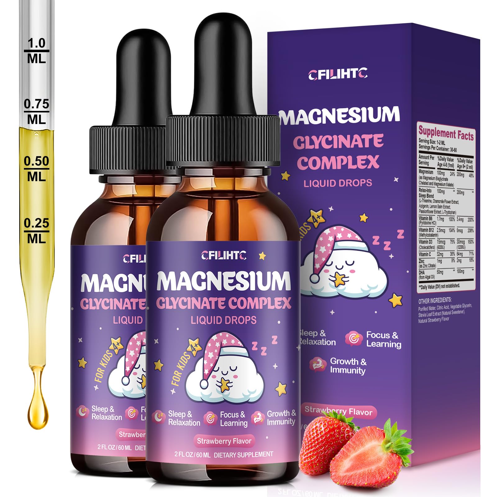 Magnesium Glycinate Liquid for Kids - Magnesium Bisglycinate Drops with L-Theanine, Chamomile & Vitamin B6, B12, C, D3 for Sleep, Relaxation, Immune Support, Calm & Focus - 2 Fl Oz, Strawberry Flavor — Amazon image 12